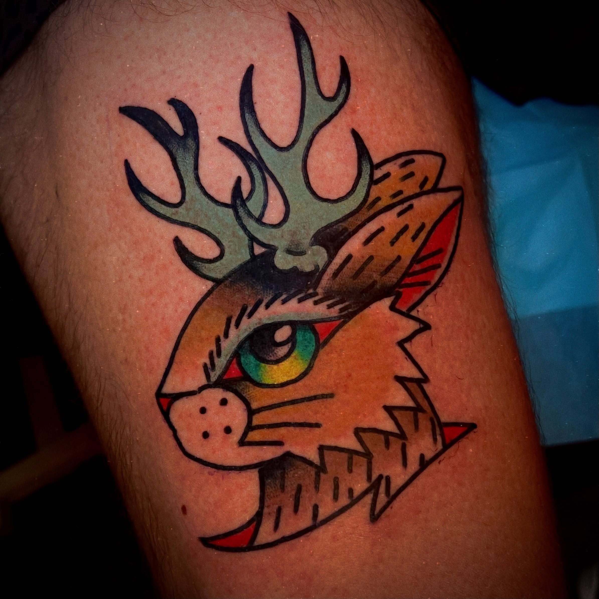Deer head American traditional tattoo on the thigh by ReadyFreddie_tattoo