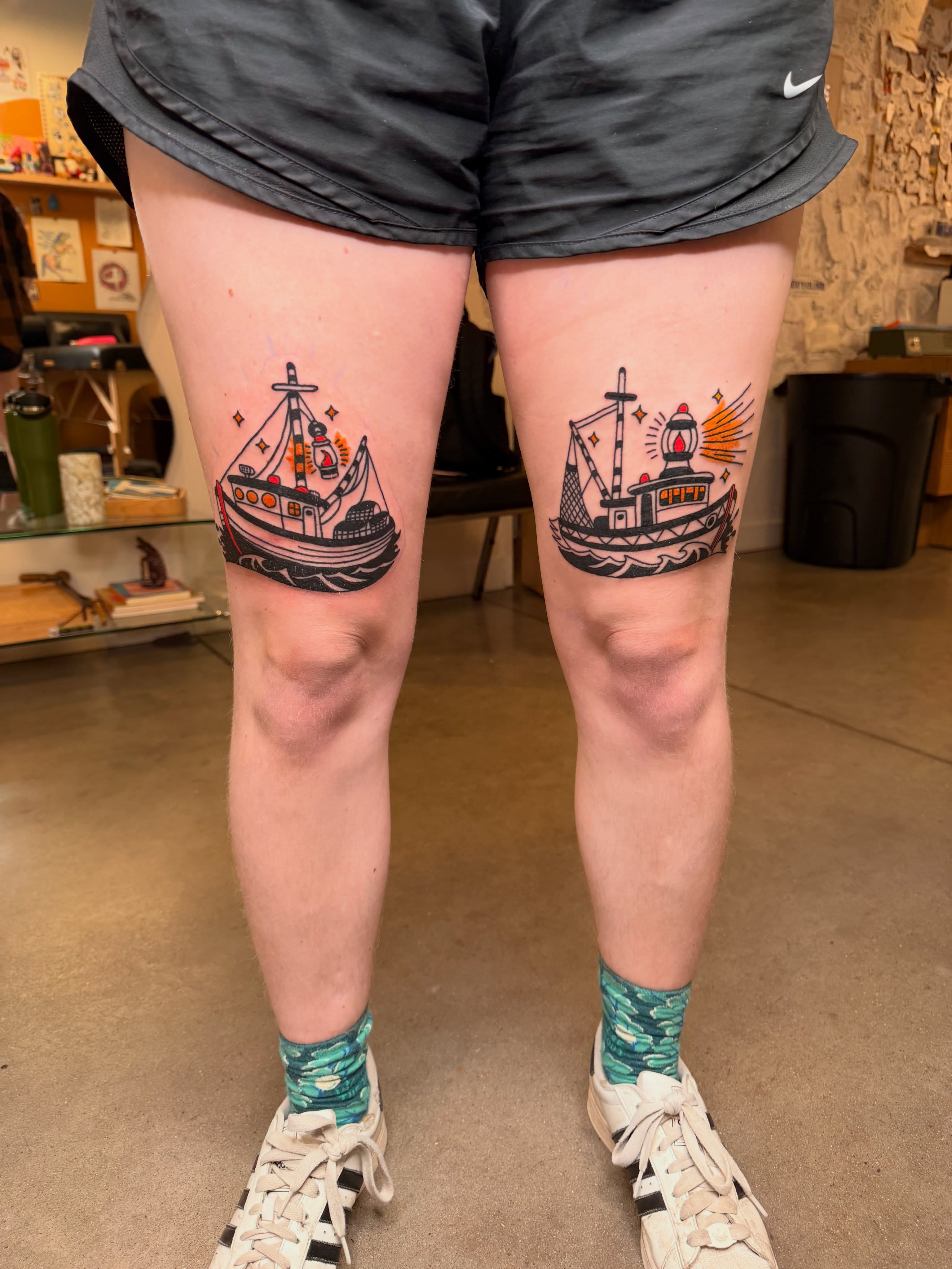 Fishing boat American traditional tattoo on the thigh by Neto Velasco - Sad Cat Tattoo, Austin, Texas