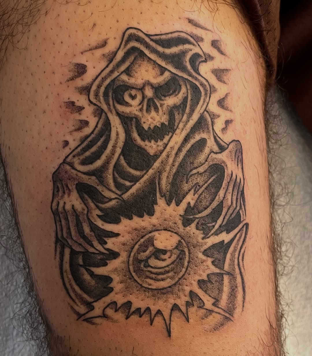Grim reaper black and grey tattoo on the thigh by Campbell Zane Alexander