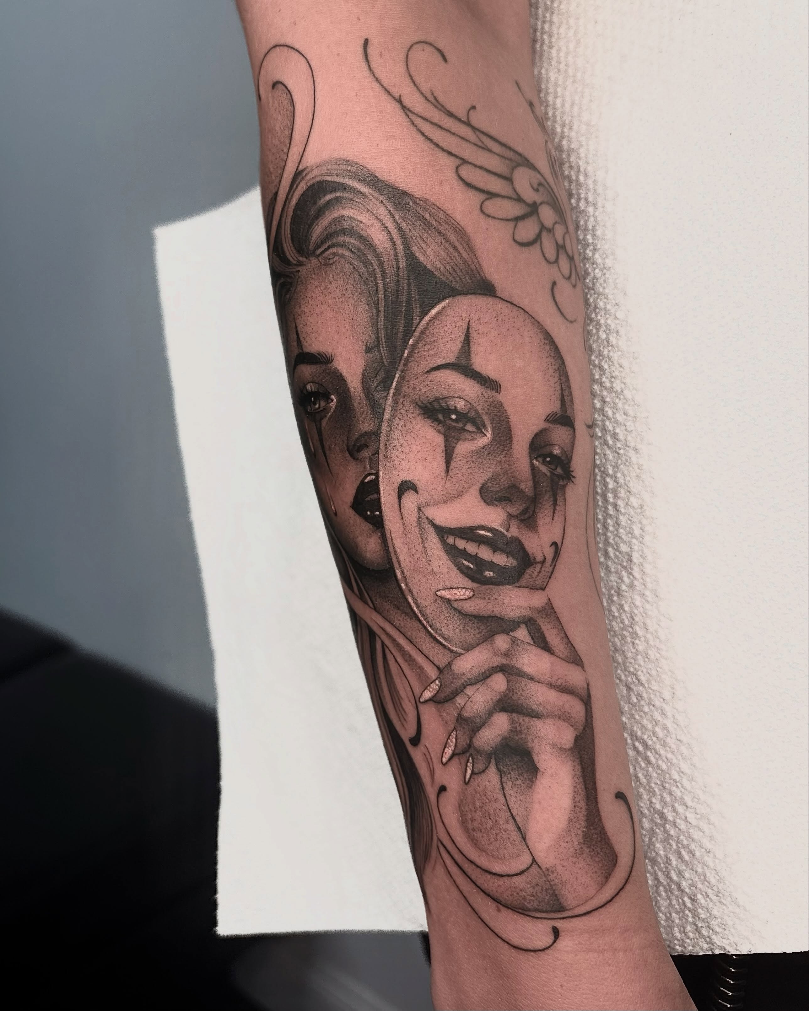 Woman's face realism tattoo on the forearm by Avery Mullins