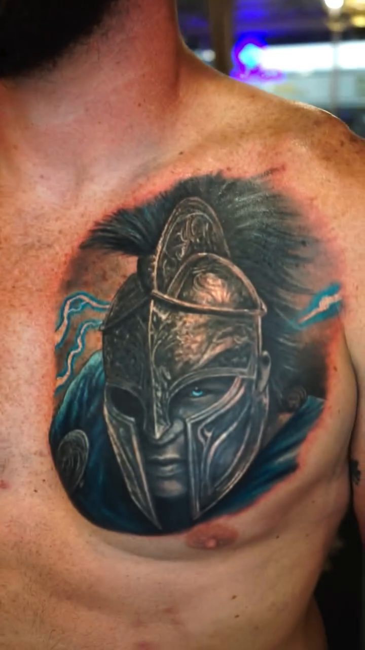 Spartan warrior helmet realism tattoo by Tony Johnson - Tattoo Artist, Huntsville, Alabama