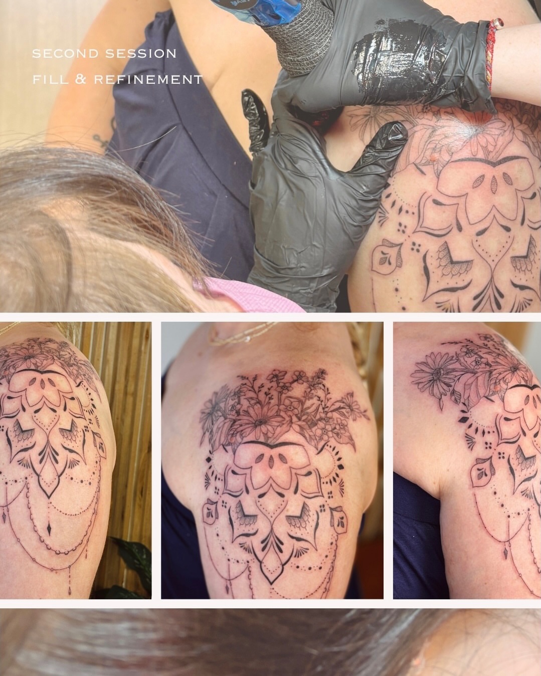 Floral mandala geometric tattoo on the shoulder by Maddie