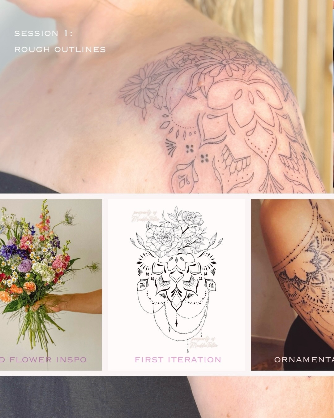 Floral bouquet dotwork tattoo on the shoulder by Maddie