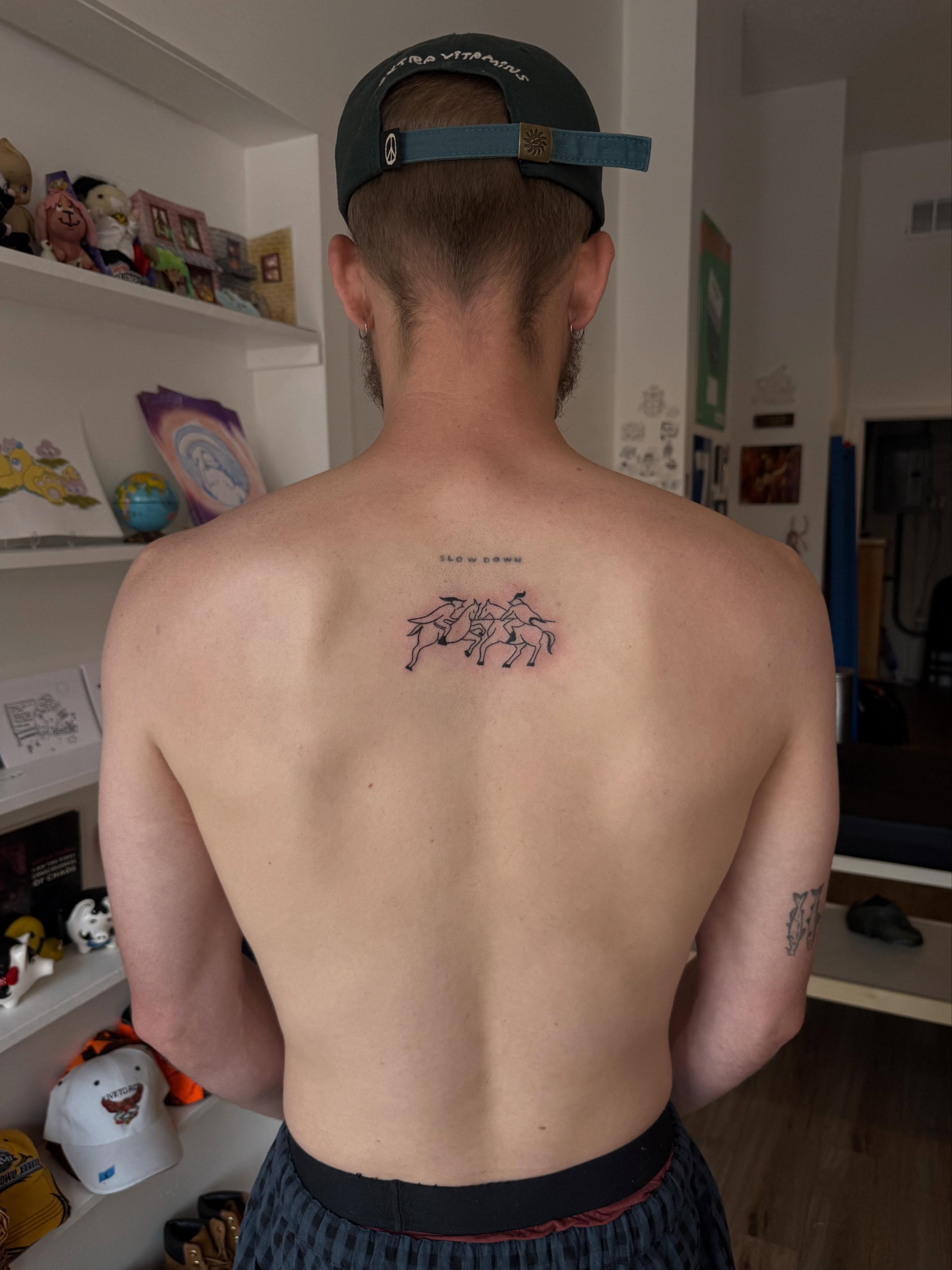Horse and rider black and grey tattoo on the back by house0fsleep 💤