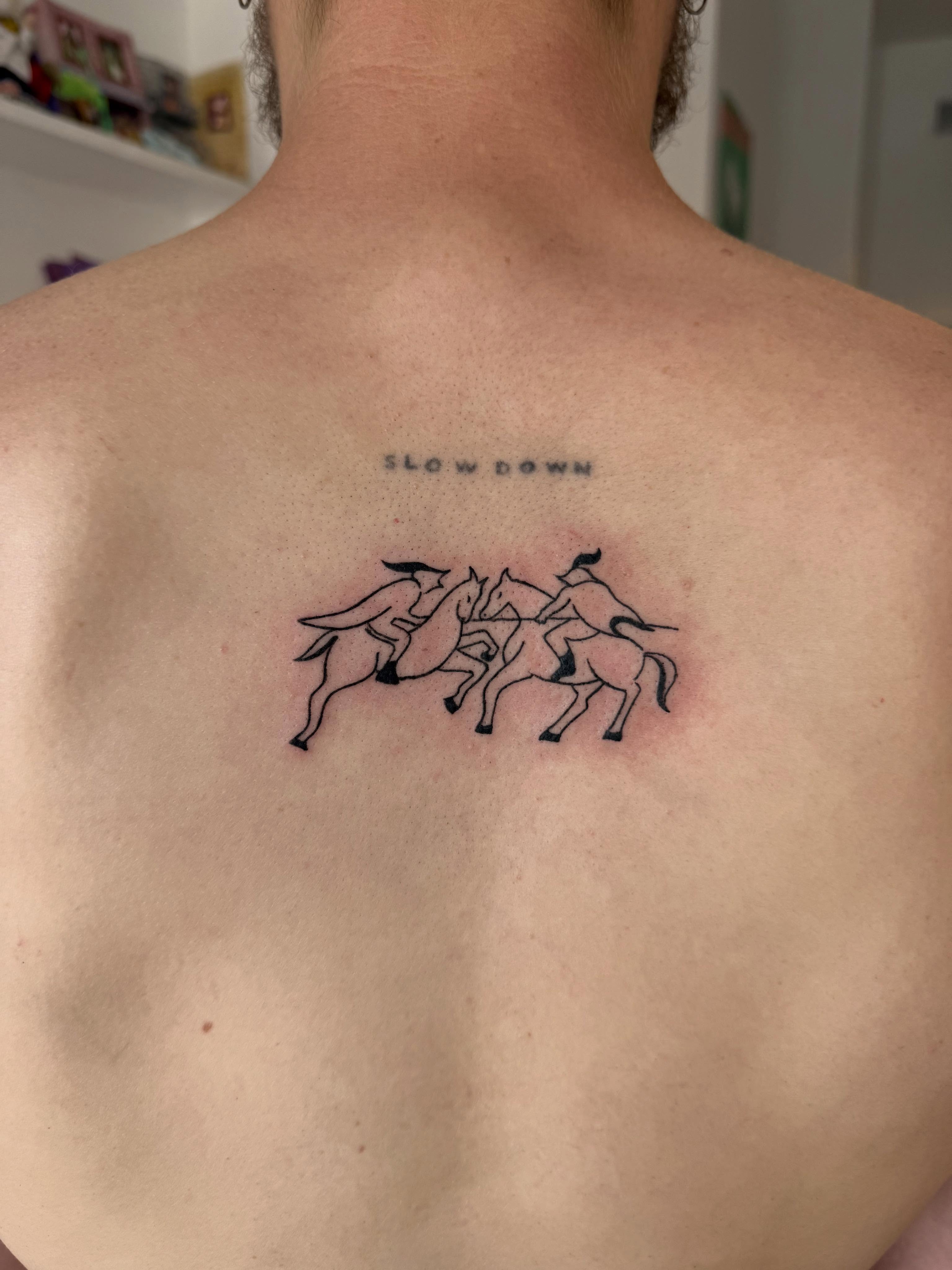 Horses and riders black and grey tattoo on the back by house0fsleep 💤