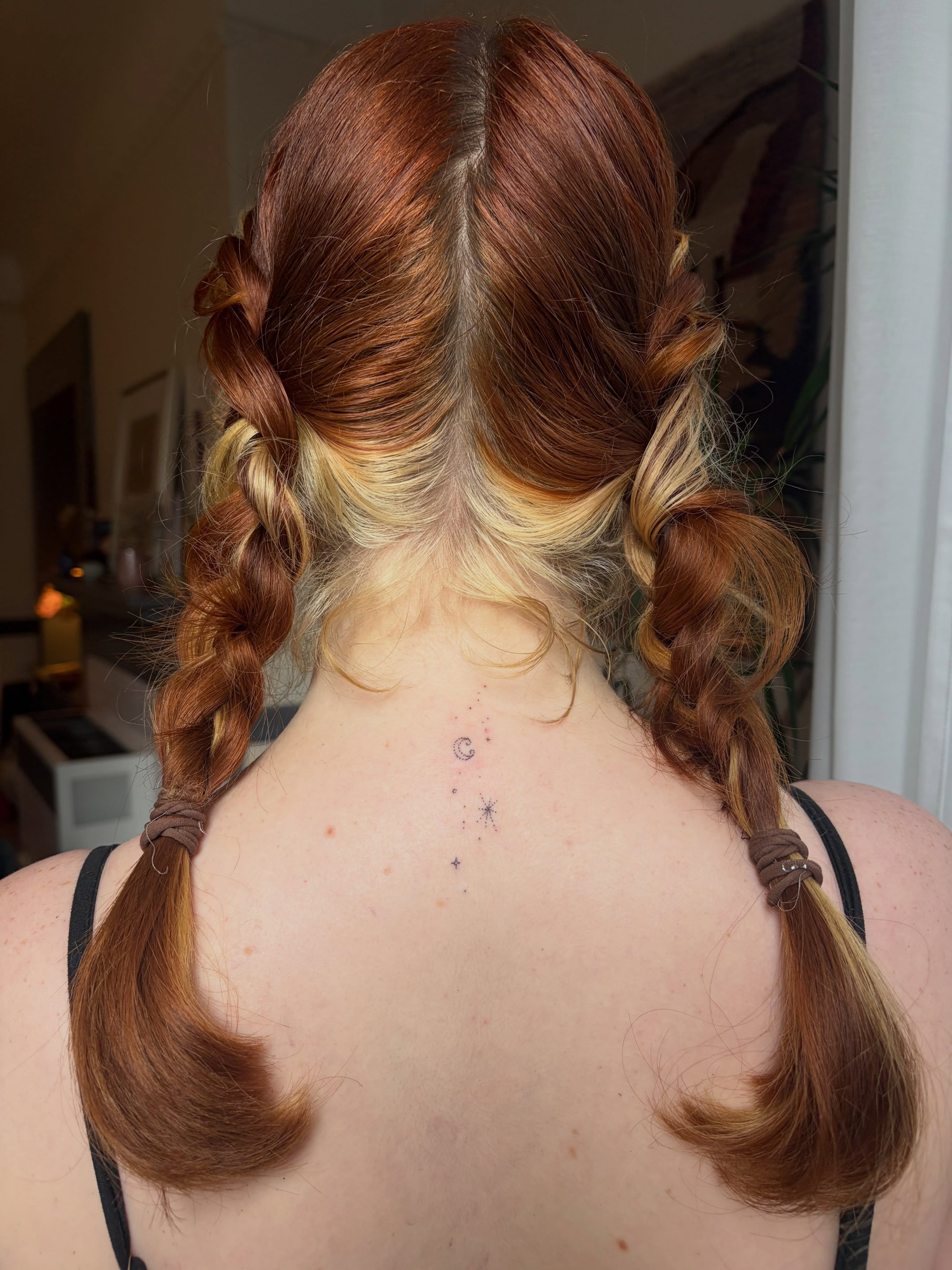 Stars and crescent moon dotwork tattoo on the back by kari