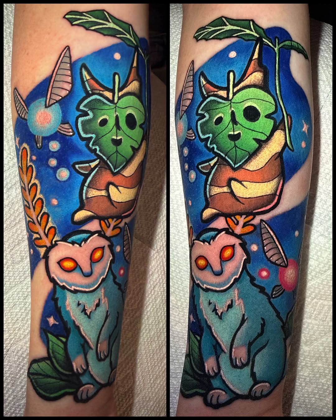 Owls and leaves new school tattoo on the forearm by Dominique Darko