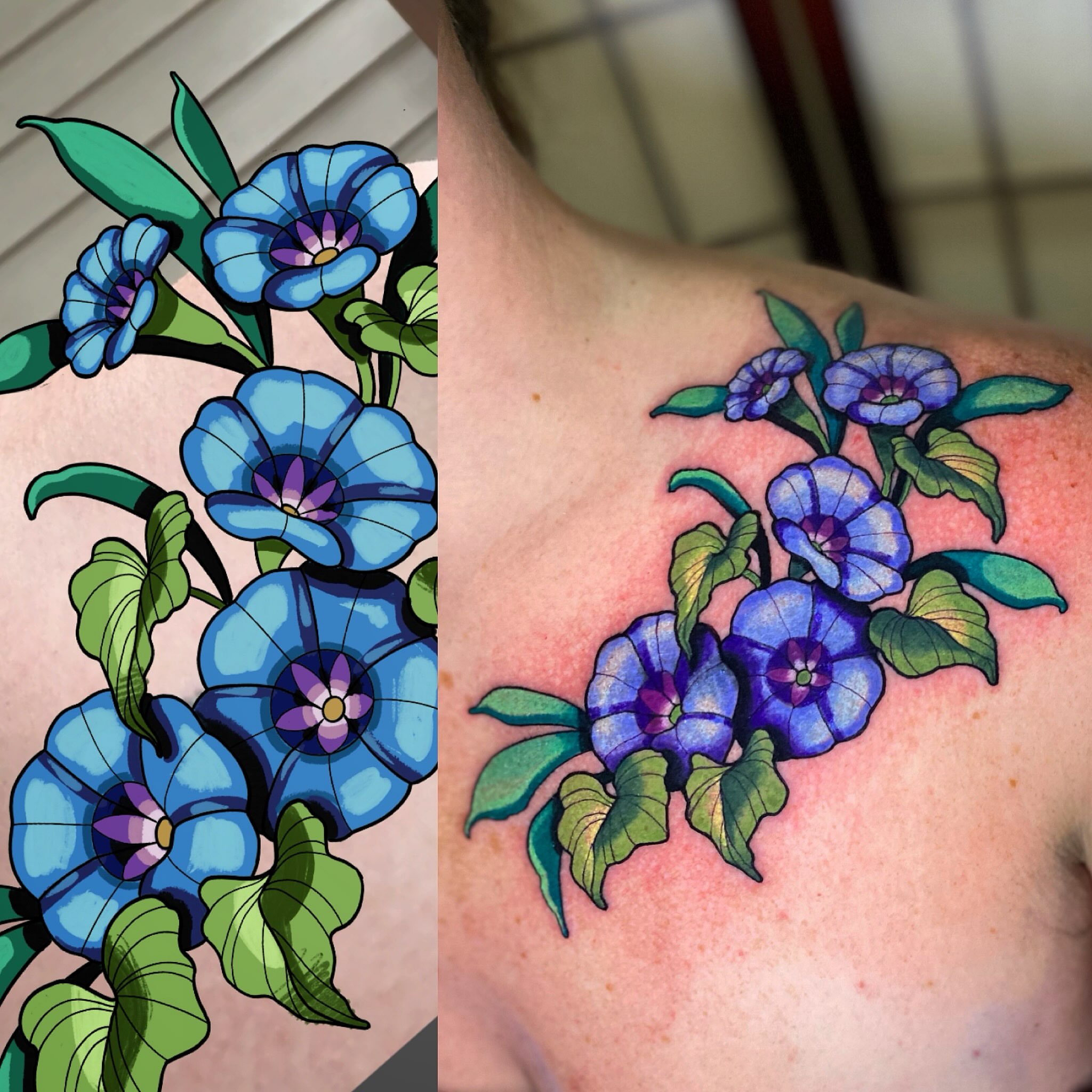 Morning glory flowers new school tattoo on the shoulder by Lindsay Hall