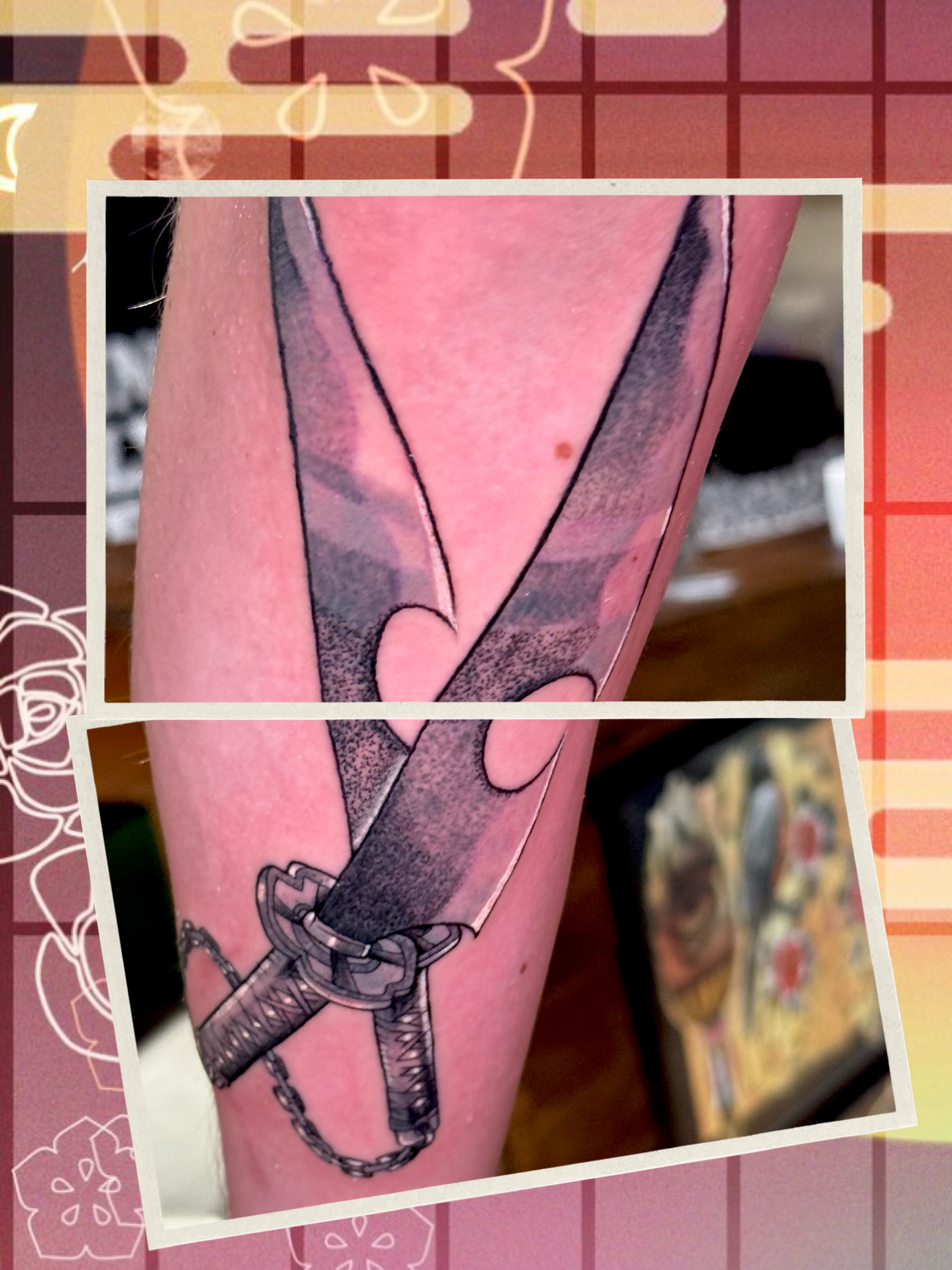 Katana black and grey tattoo on the forearm by Serenity Mullins
