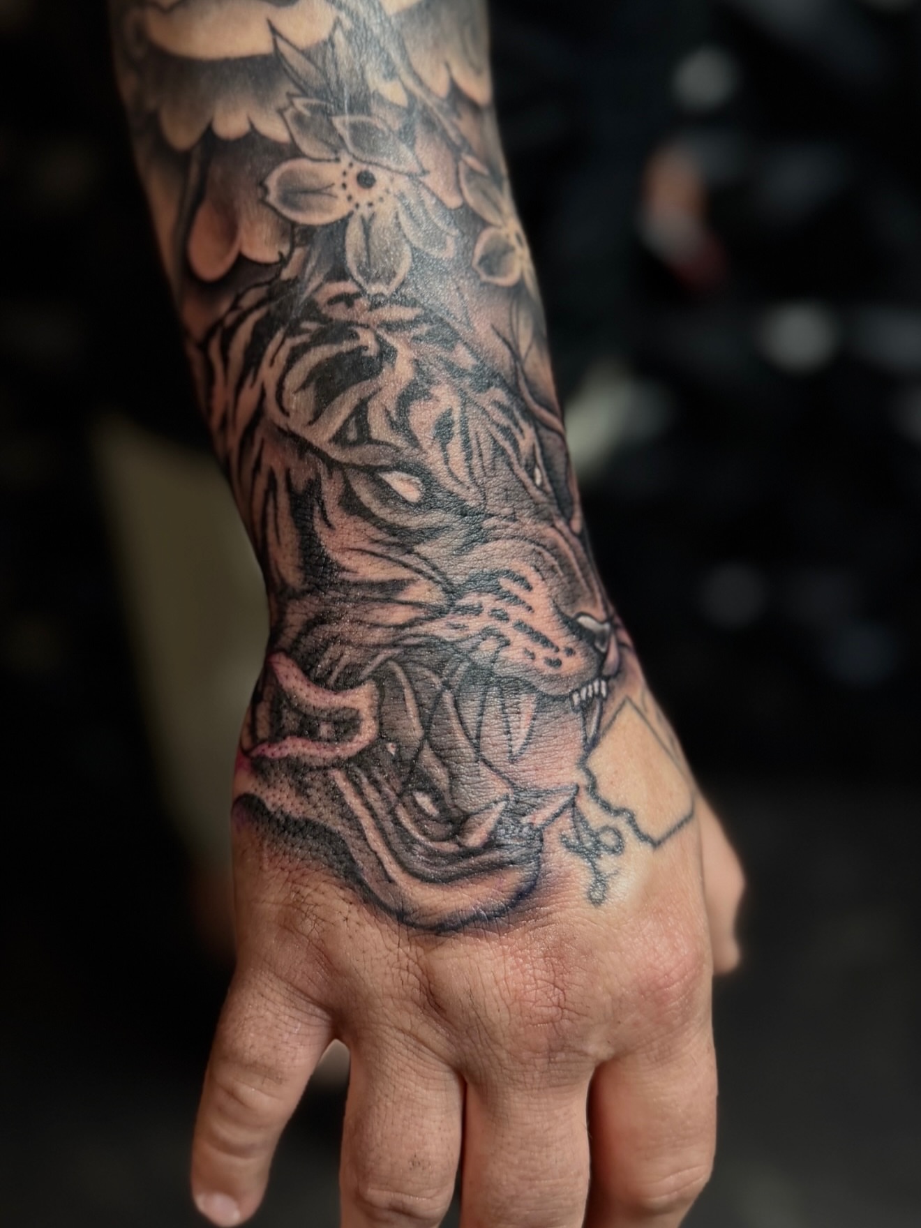 Tiger black and grey tattoo on the forearm by Rikky Bobby, Mesa, Arizona