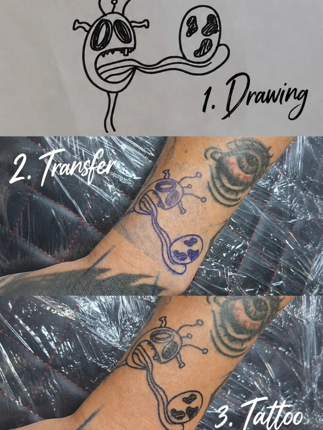 Alien creature illustrative tattoo on the forearm by Tanya Tattoota