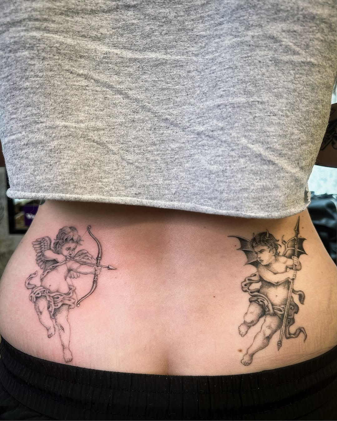 Cherubs black and grey tattoo on the torso by Colin Kenji Baker, San Jose, California