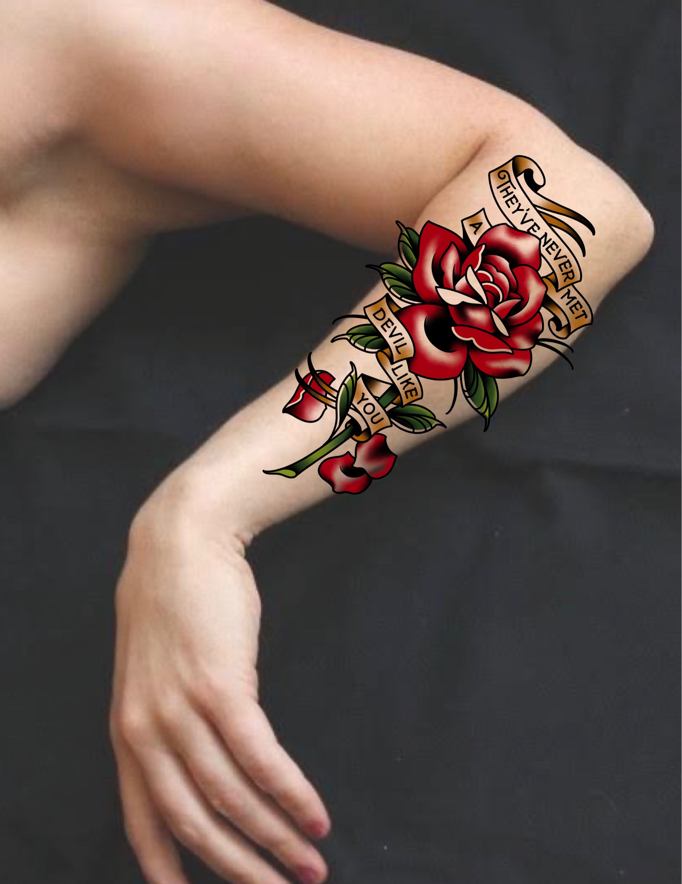 Red rose American traditional tattoo on the forearm by Olivia Marie