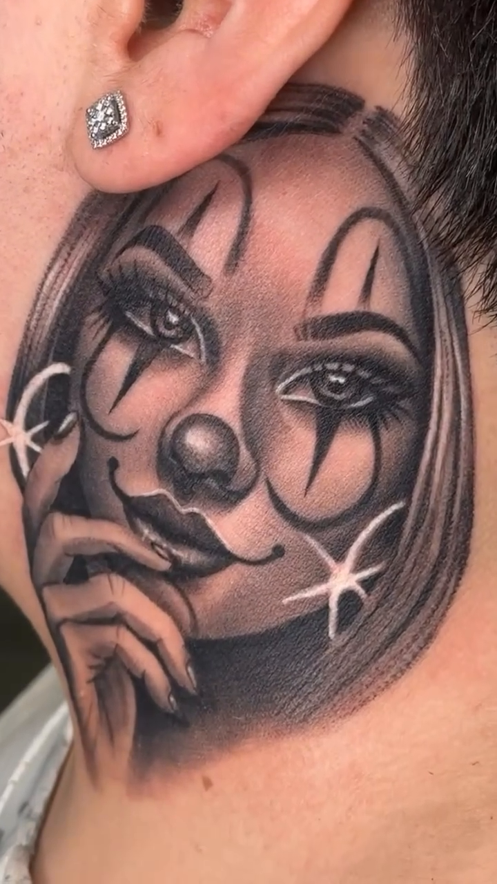Woman and clown makeup realism tattoo by Katie Kelley