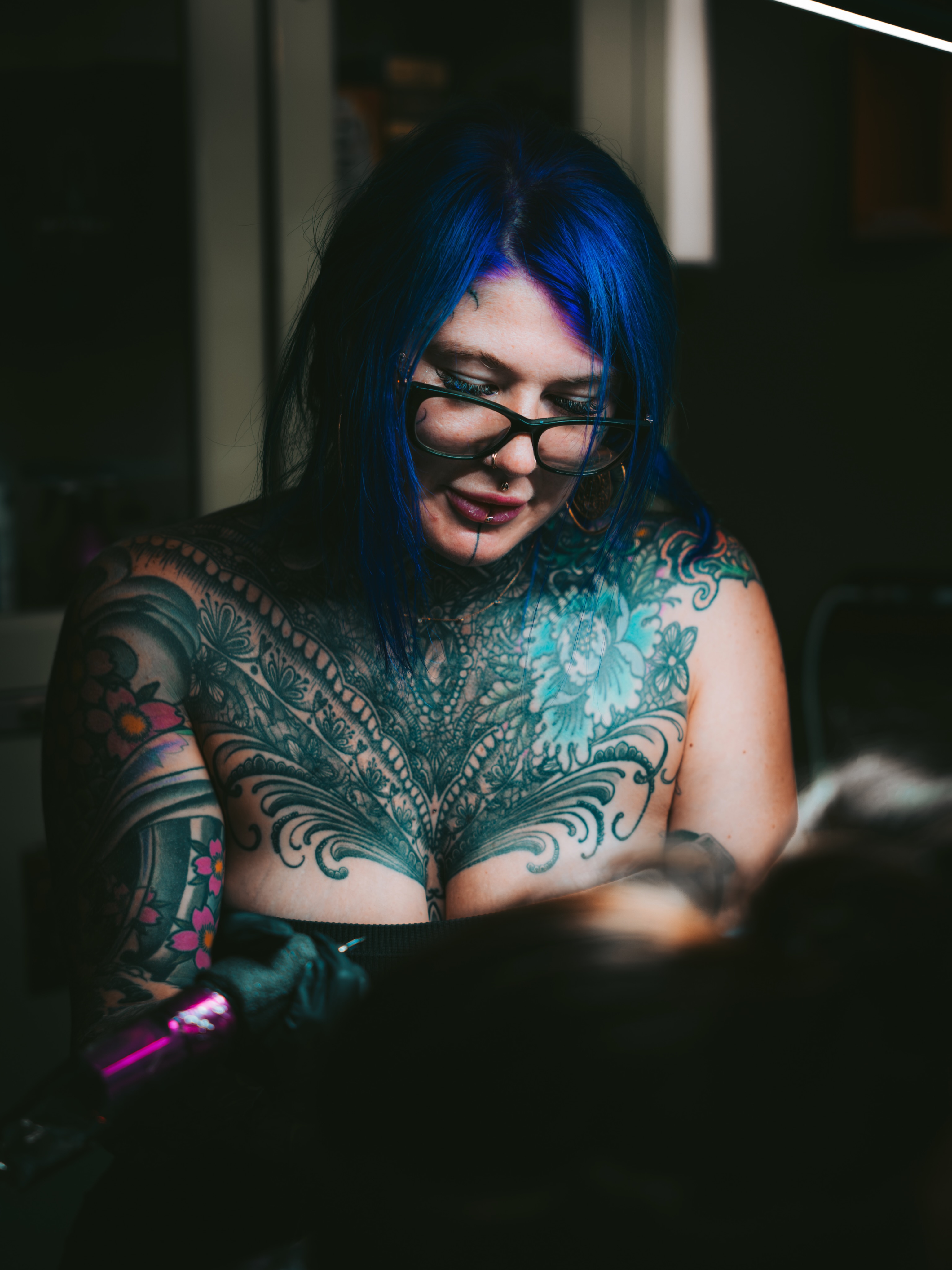 Floral and lace American traditional tattoo on the chest by Kirsten Cameron