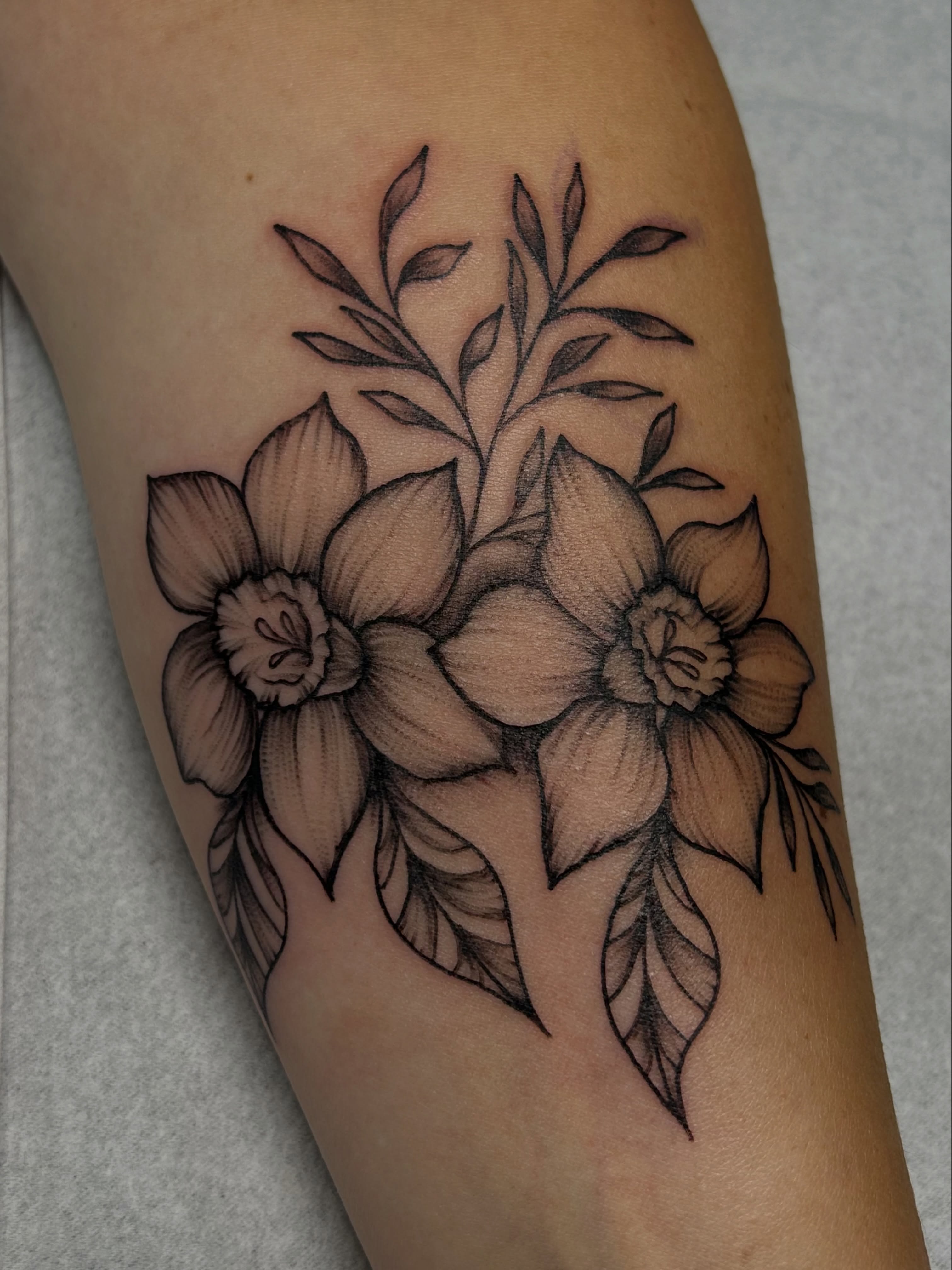 Daffodils black and grey tattoo on the forearm by Kirsten Cameron