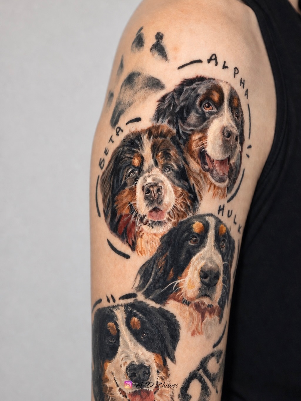Dogs realism tattoo on the forearm by Adam_Zhiwei Xu(Tattooist)