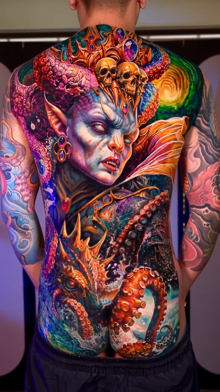 Demon queen with tentacles and skulls dark realism tattoo by Hiroto Nguyen, Perth, Western Australia