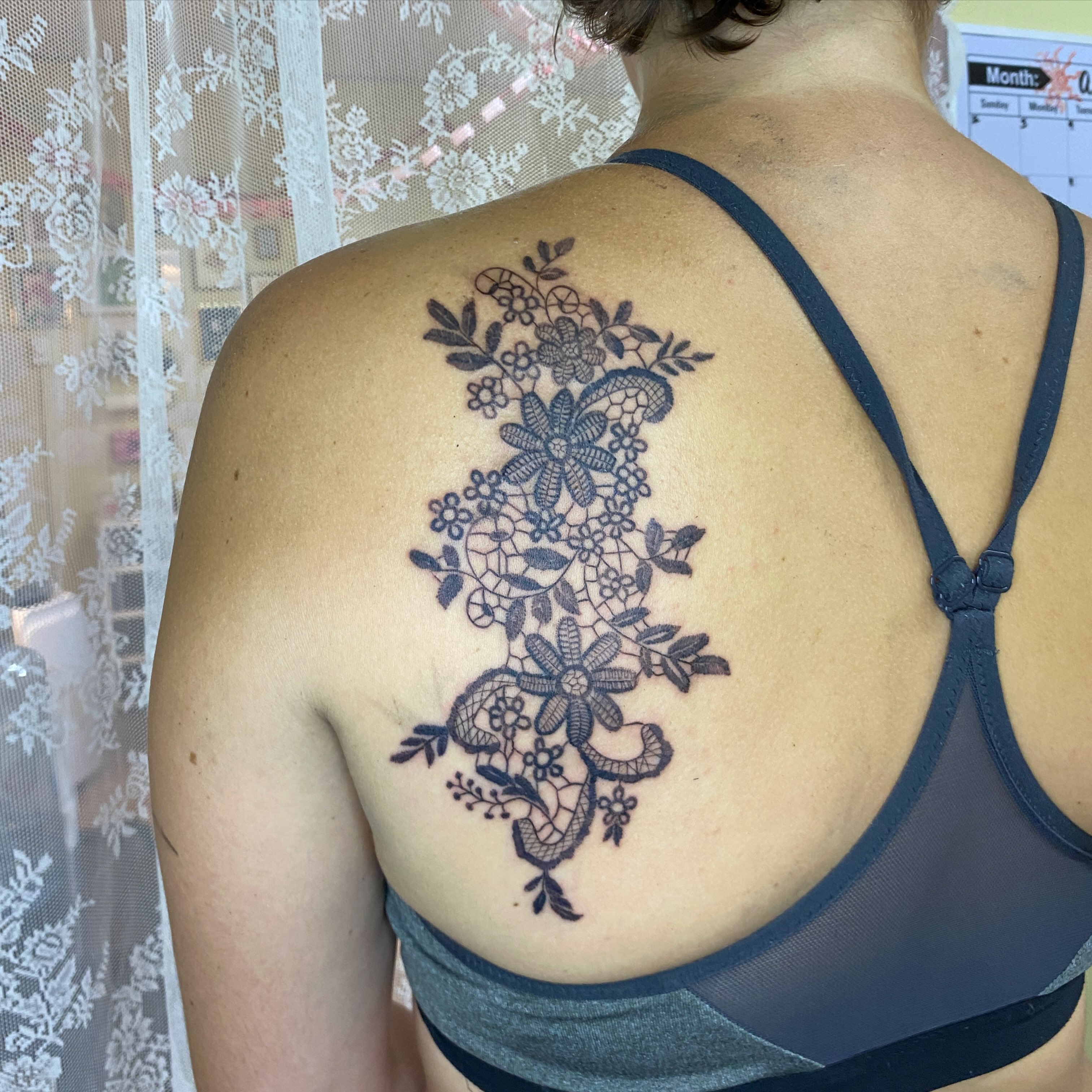 Lace bouquet black and grey tattoo on the back by °₊⊹ delia ✩ jane ೃ࿔*