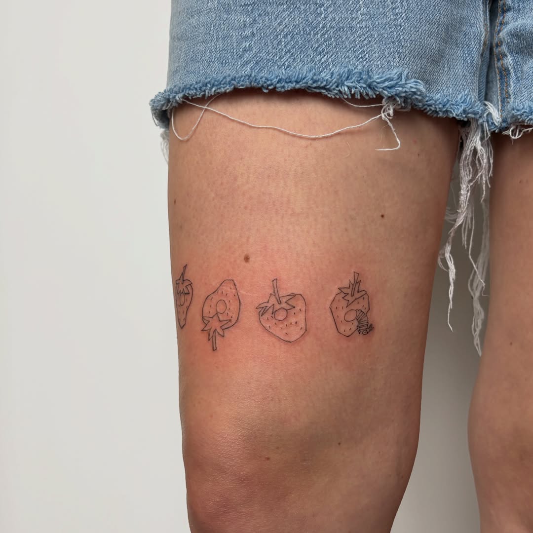 Strawberries dotwork tattoo on the thigh by annie’s tattoos ⭐꩜ .ᐟ
