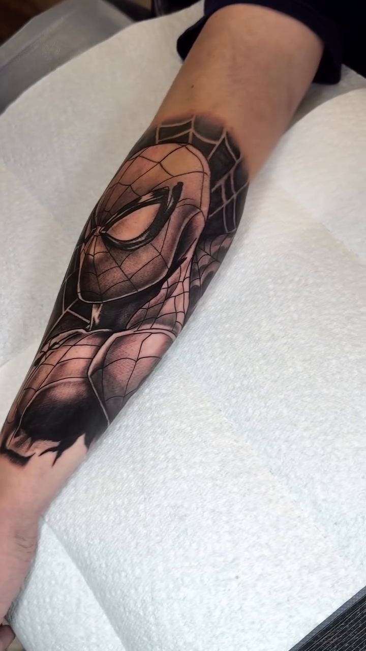 Spider-Man mask realism tattoo by Chad Meado