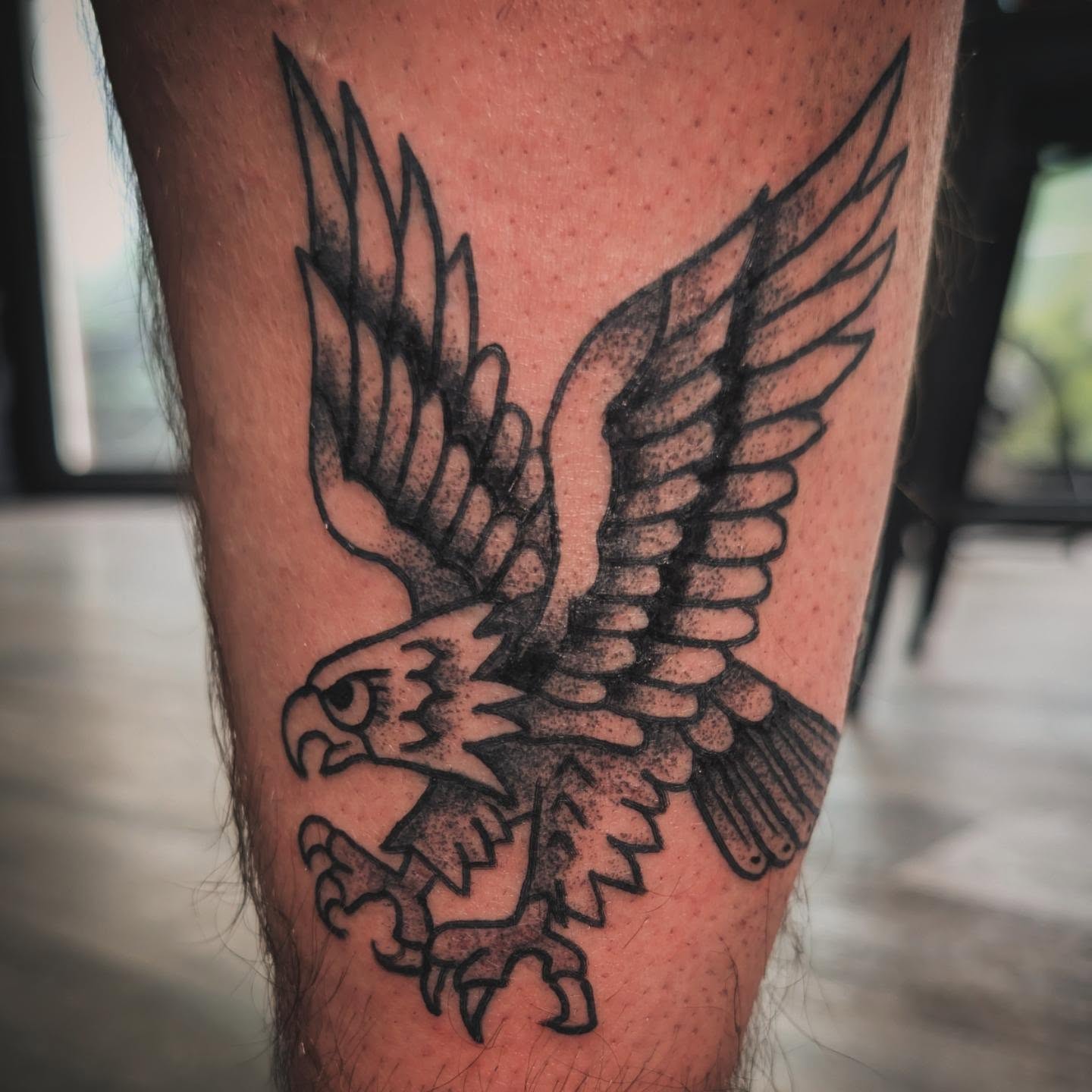 Eagle dotwork tattoo on the thigh by Matt Mahl