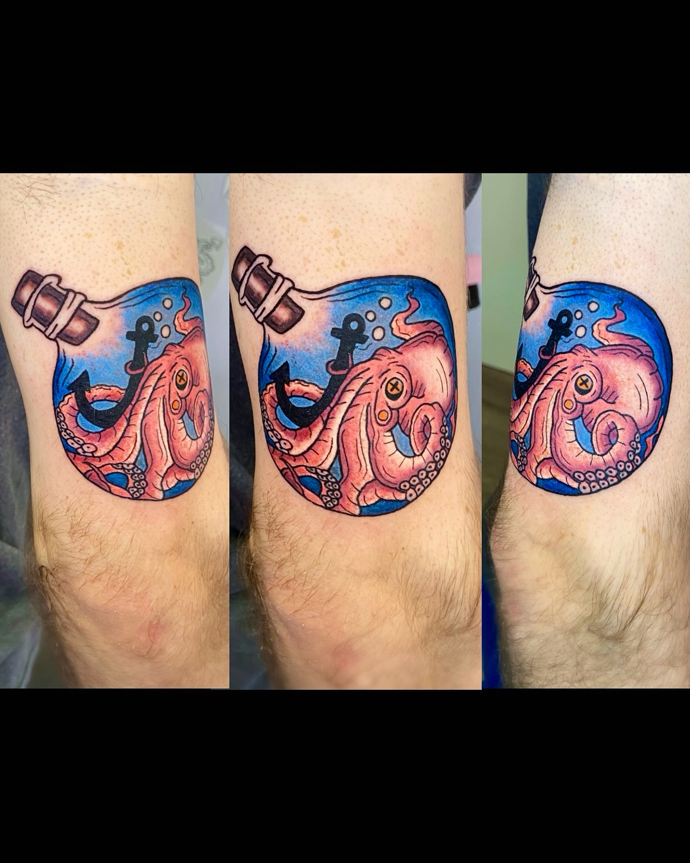 Octopus in bottle new school tattoo on the forearm by Shay Cole