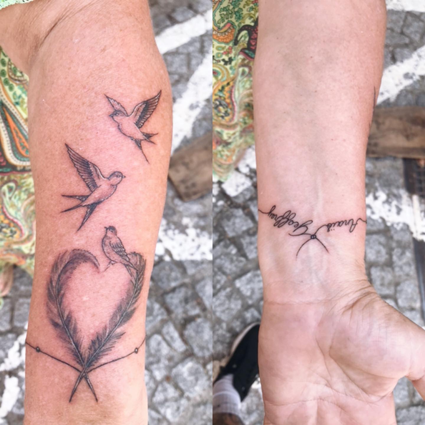 Birds and feather black and grey tattoo on the forearm by Moss Quito Tattoo