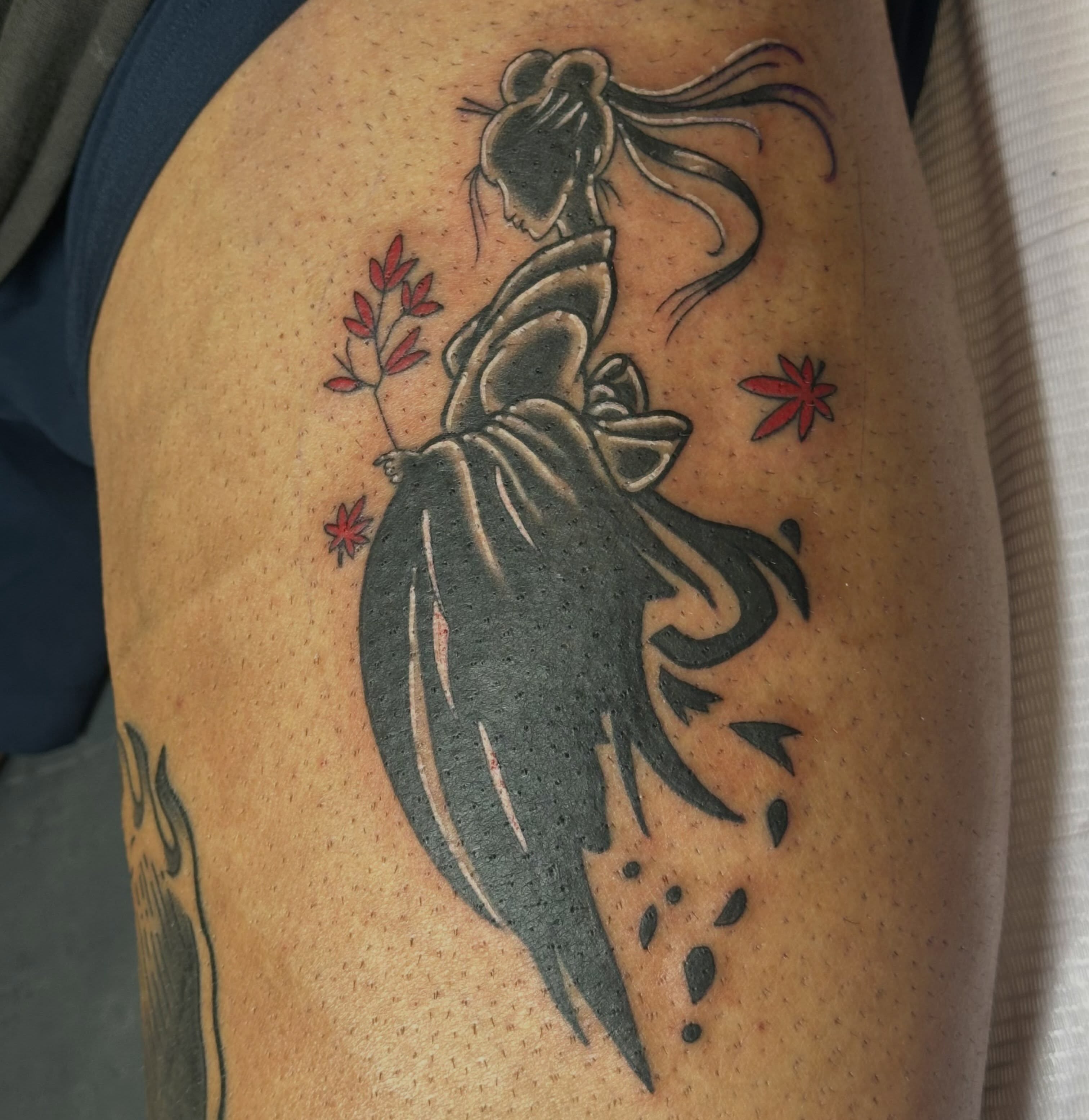Woman with flowing hair japanese irezumi tattoo on the thigh by Wesley Lam