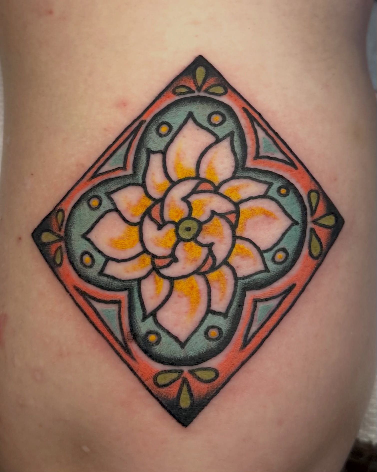 Stained glass window geometric tattoo on the thigh by rachel knabe
