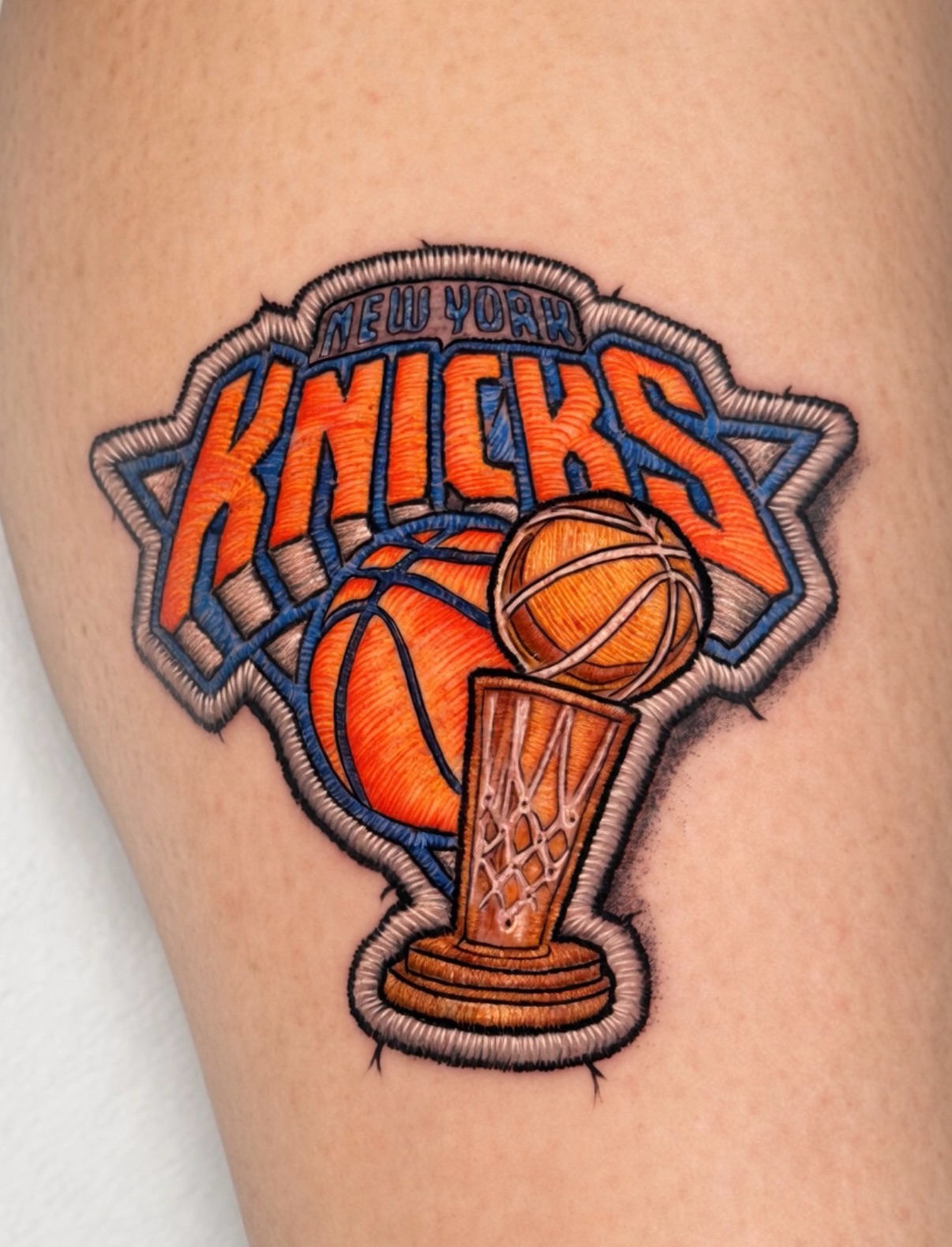 New york knicks trophy realism tattoo on the thigh by Fabian Hellberg
