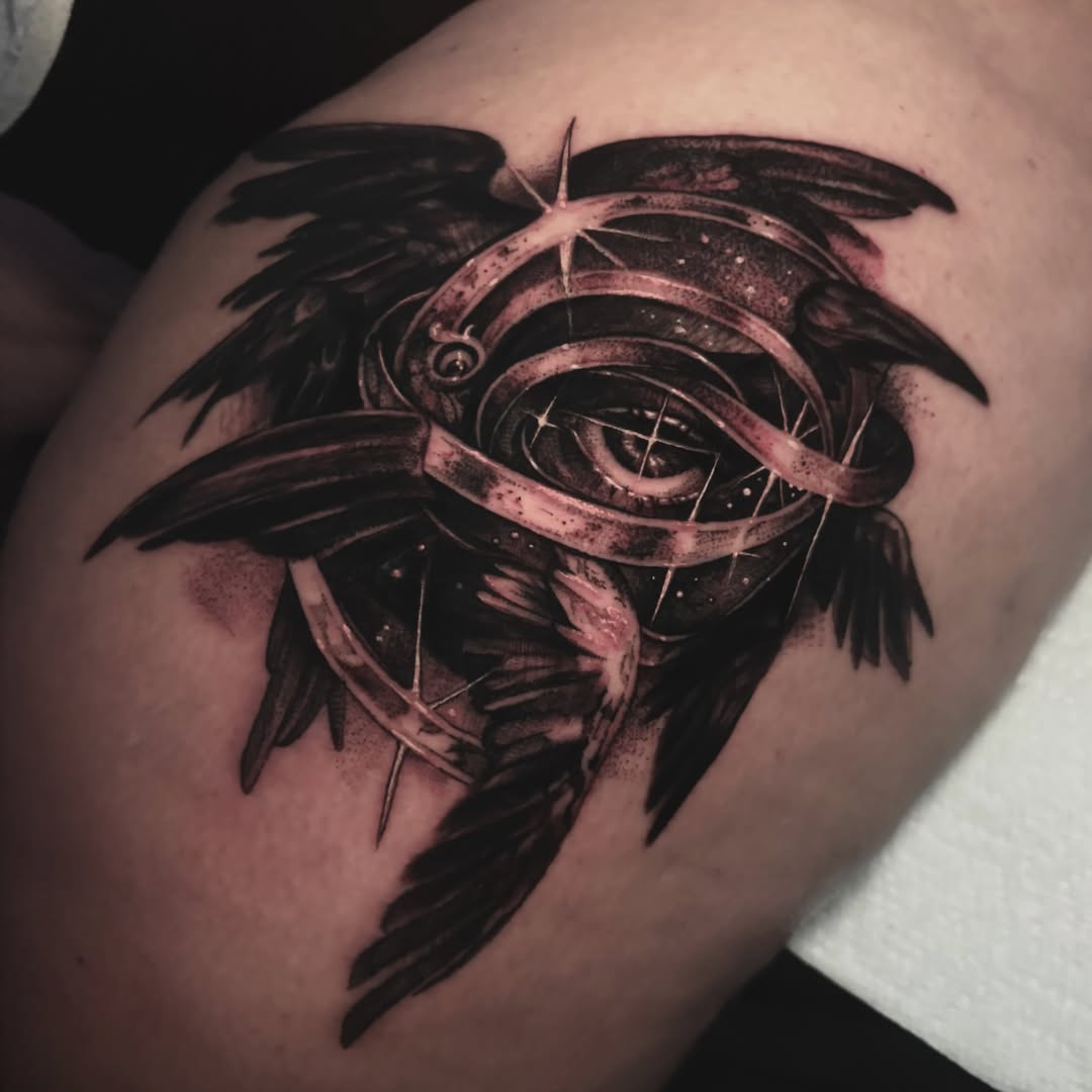 Winged eye dark realism tattoo on the shoulder by Alle
