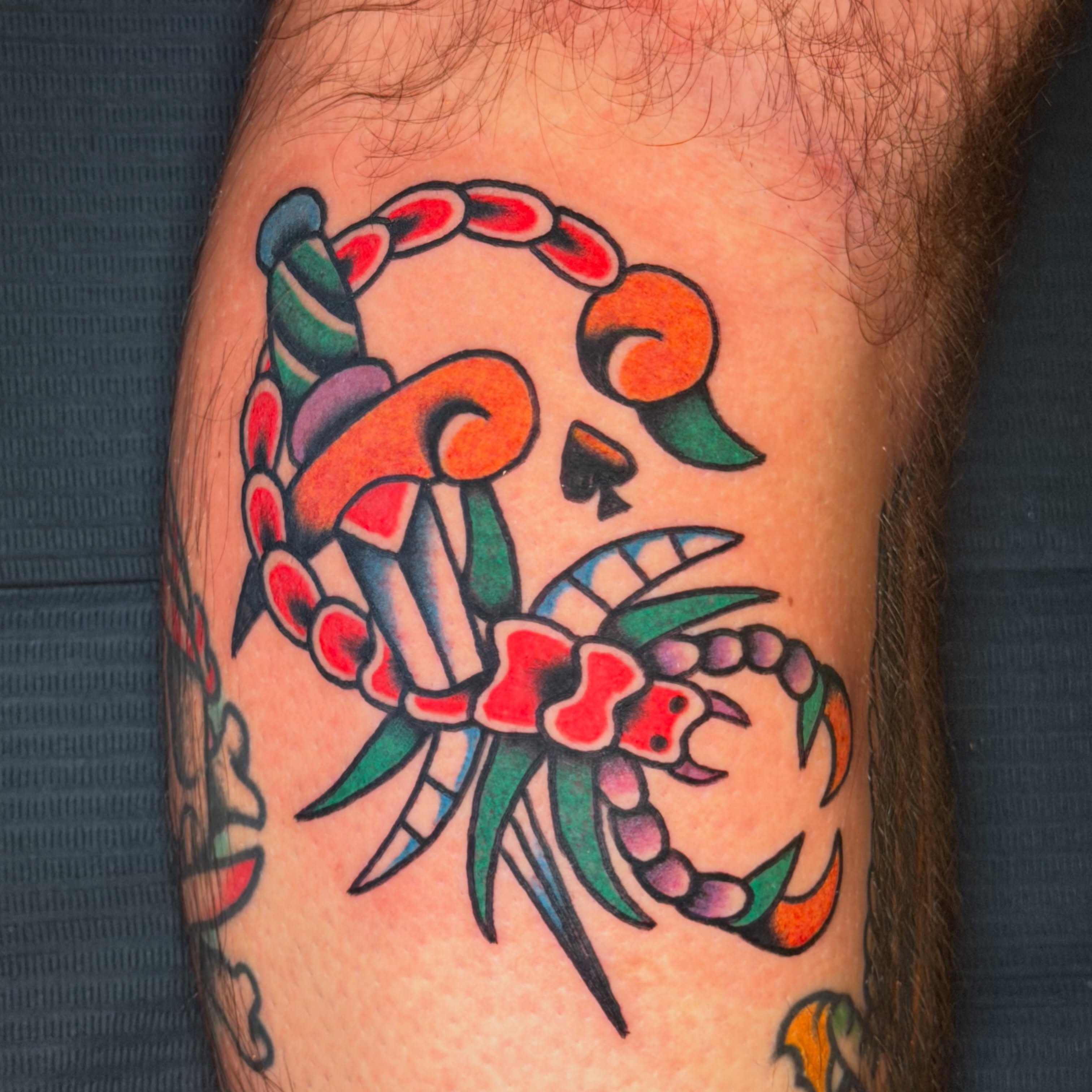 Scorpion American traditional tattoo on the forearm by abbey pickens 🧚 cleveland ohio