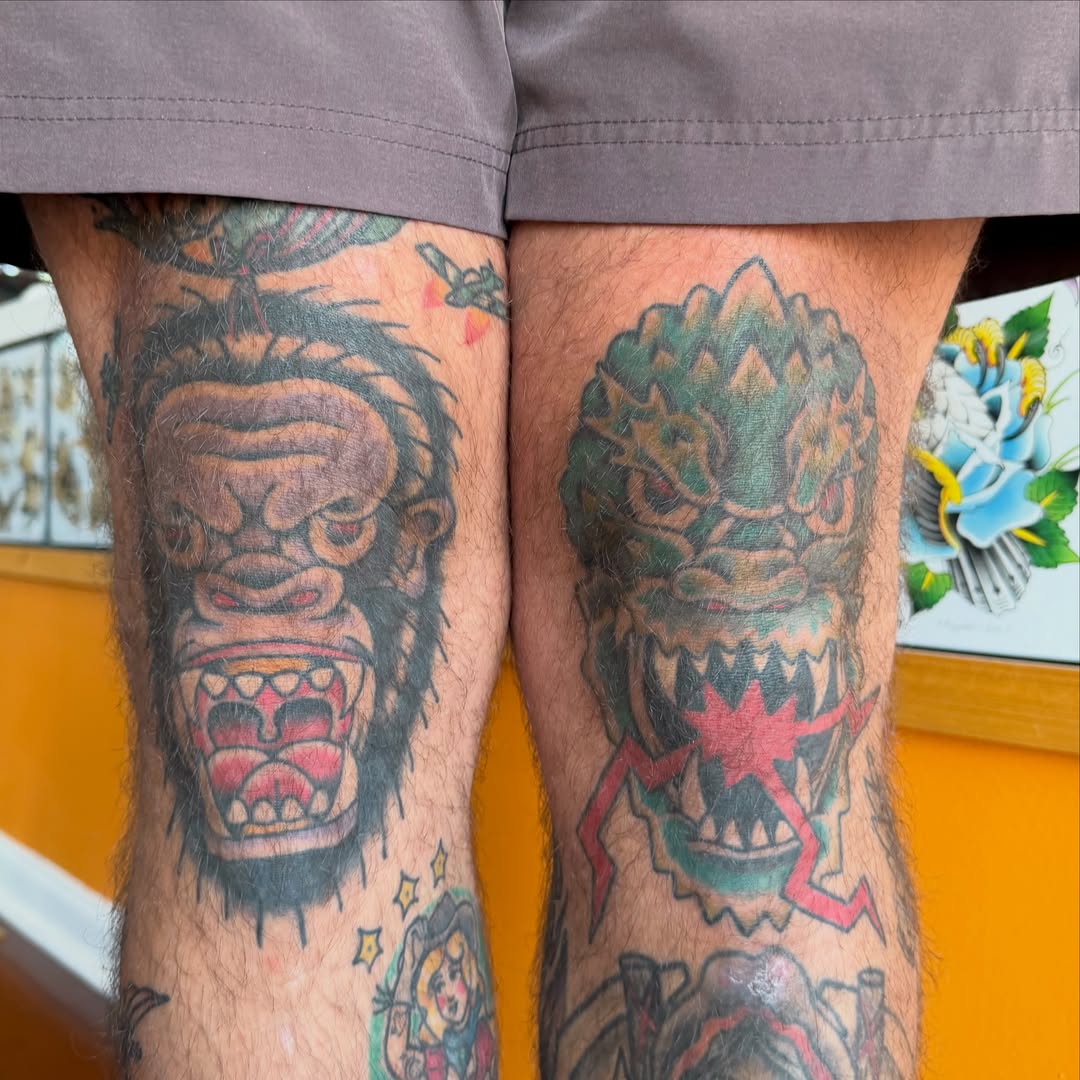 Gorilla head American traditional tattoo on the thigh by abbey pickens 🧚 cleveland ohio