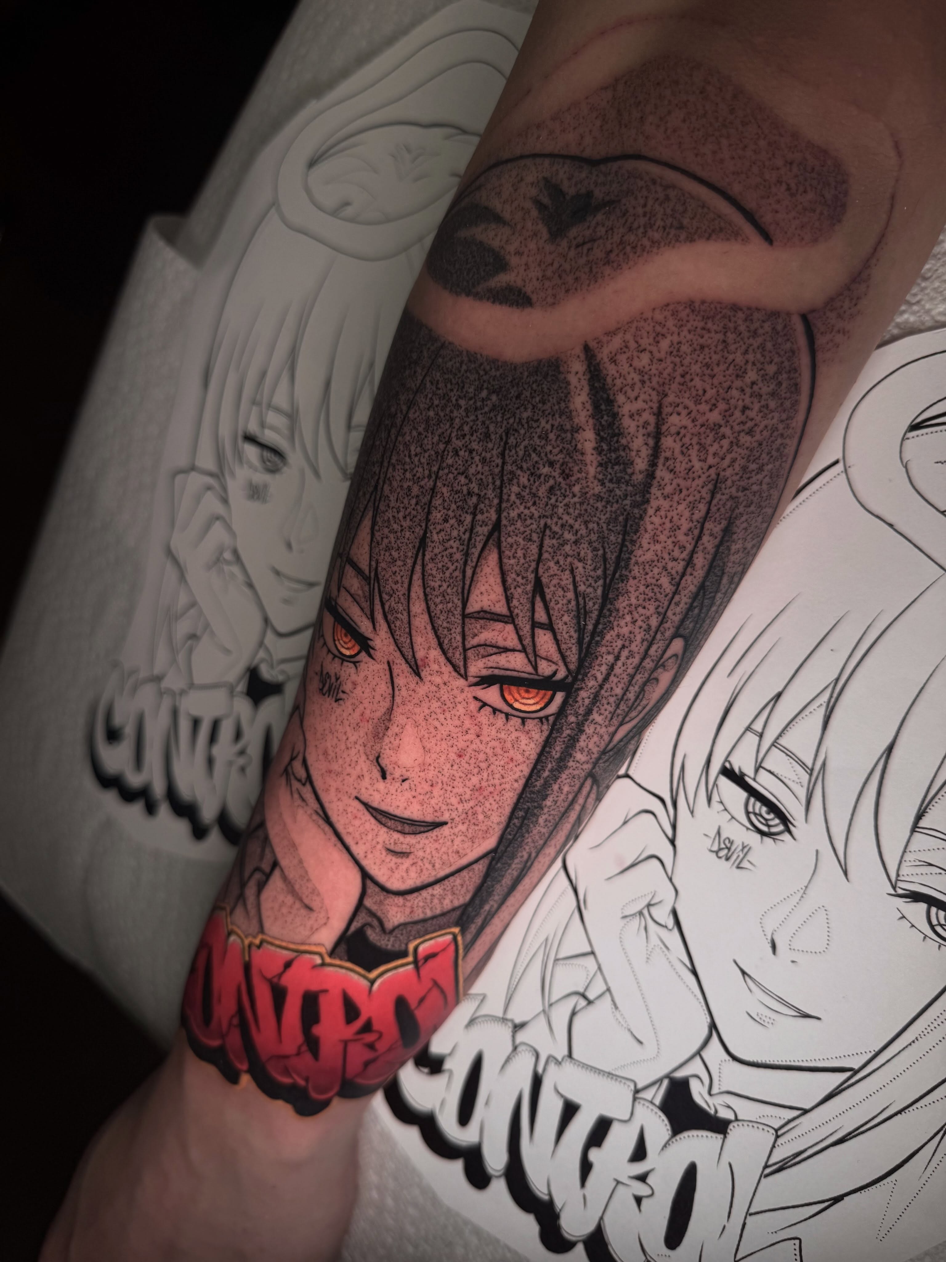 Anime character dotwork tattoo on the forearm by Anthony D. Rustik