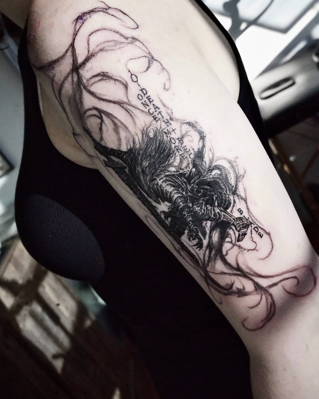 Dragon and woman dark realism tattoo on the forearm by Gun