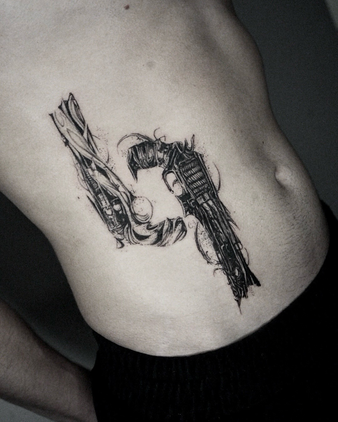 Woman with gun black and grey tattoo by Gun