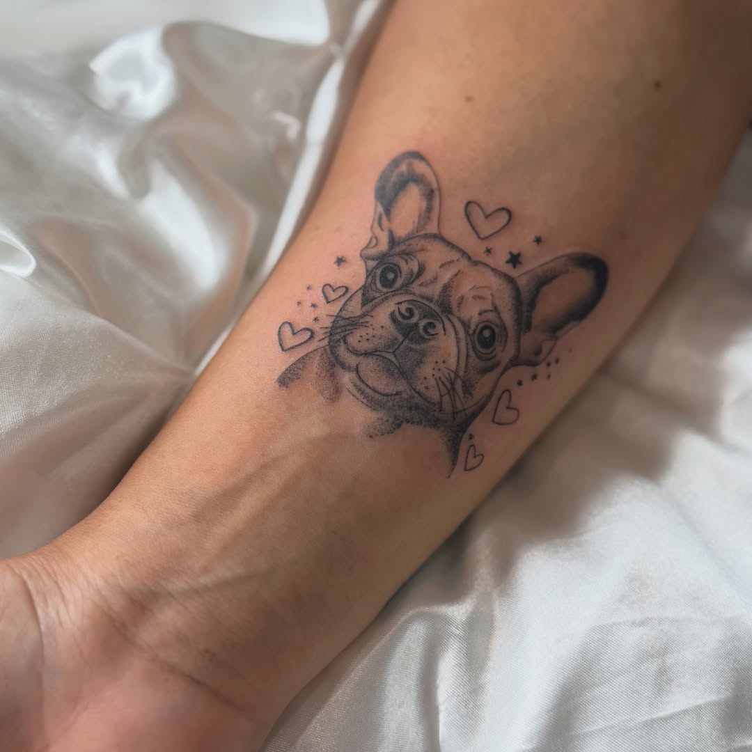 French bulldog dotwork tattoo on the forearm by Silva Wellen