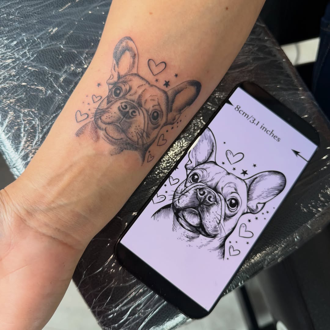 French bulldog dotwork tattoo on the forearm by Silva Wellen