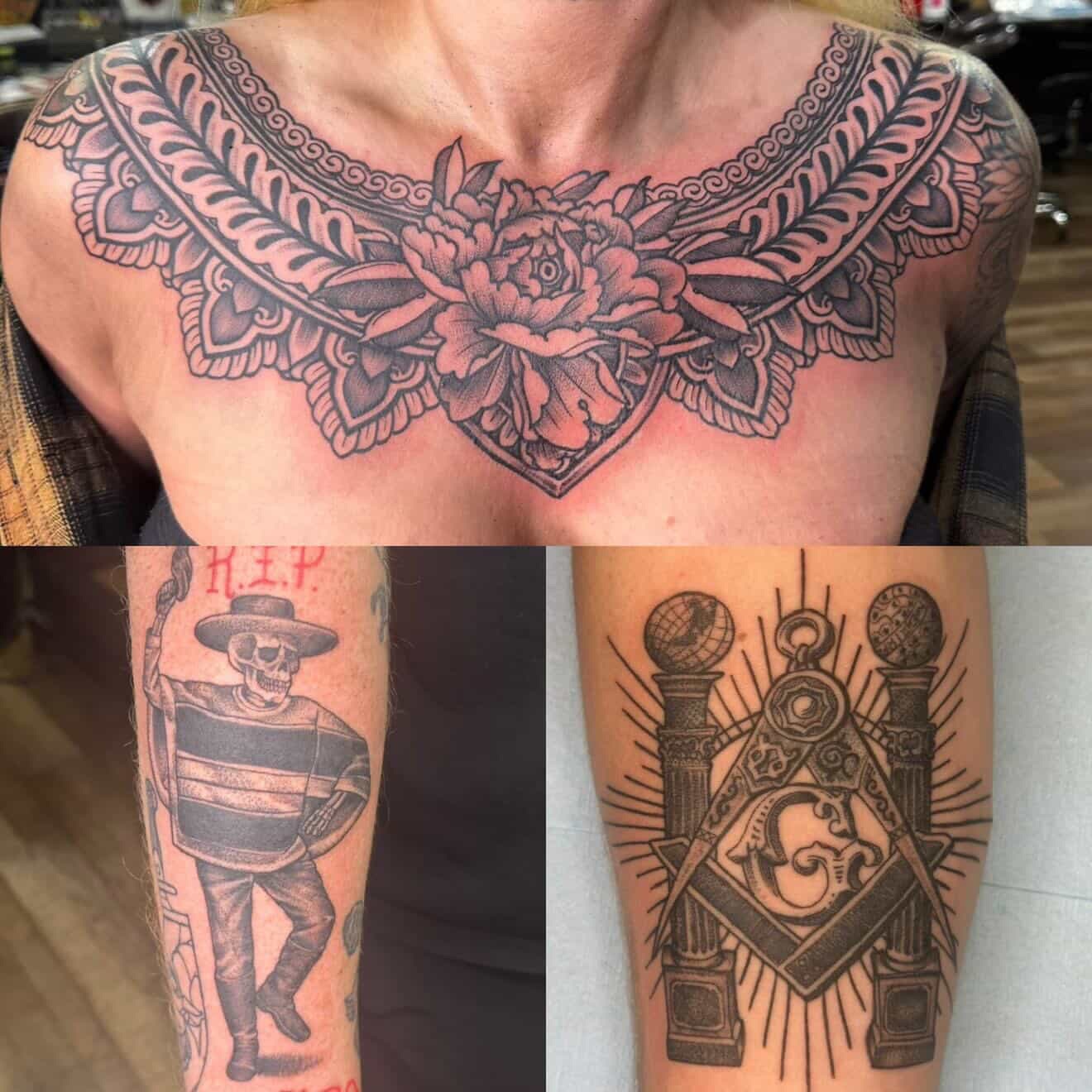 Floral mandala black and grey tattoo on the chest by Isaac Ortiz-Riendeau