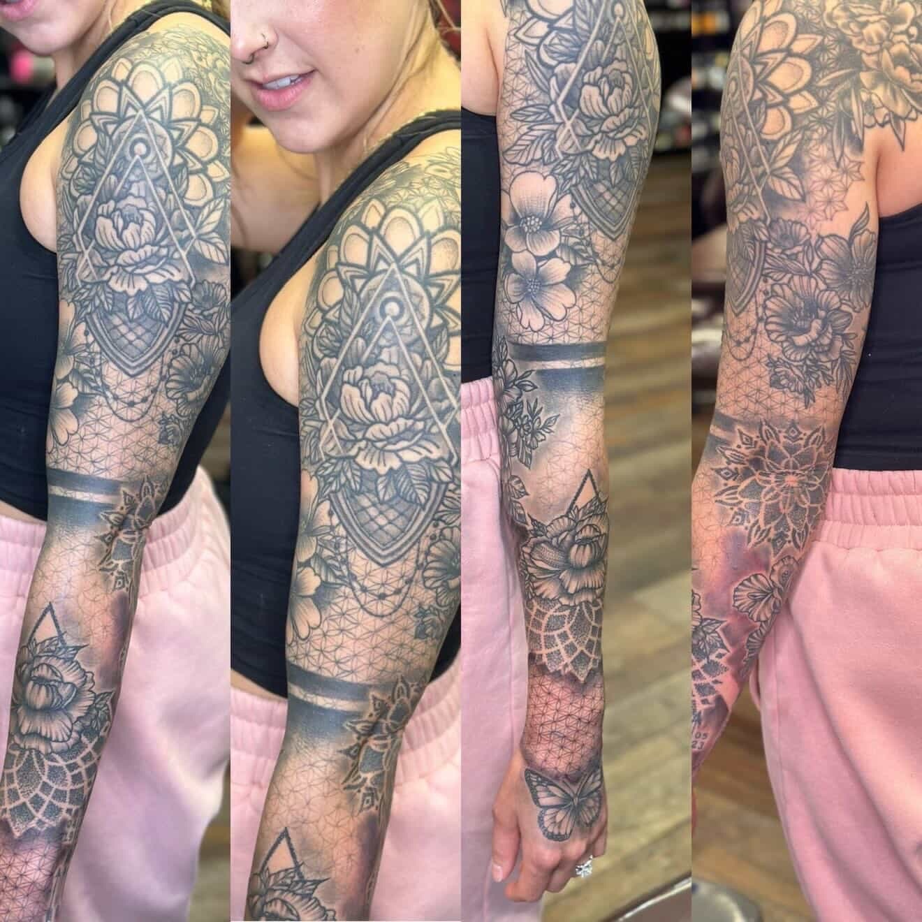 Floral mandala geometric tattoo on the forearm by Isaac Ortiz-Riendeau