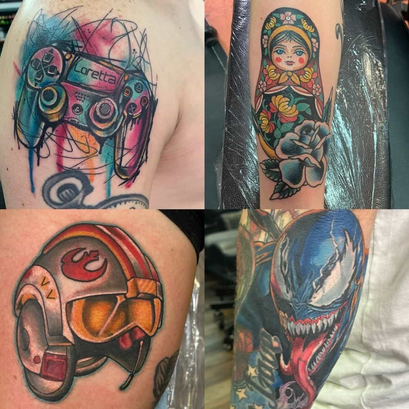Video game controller new school tattoo on the upper arm by Isaac Ortiz-Riendeau