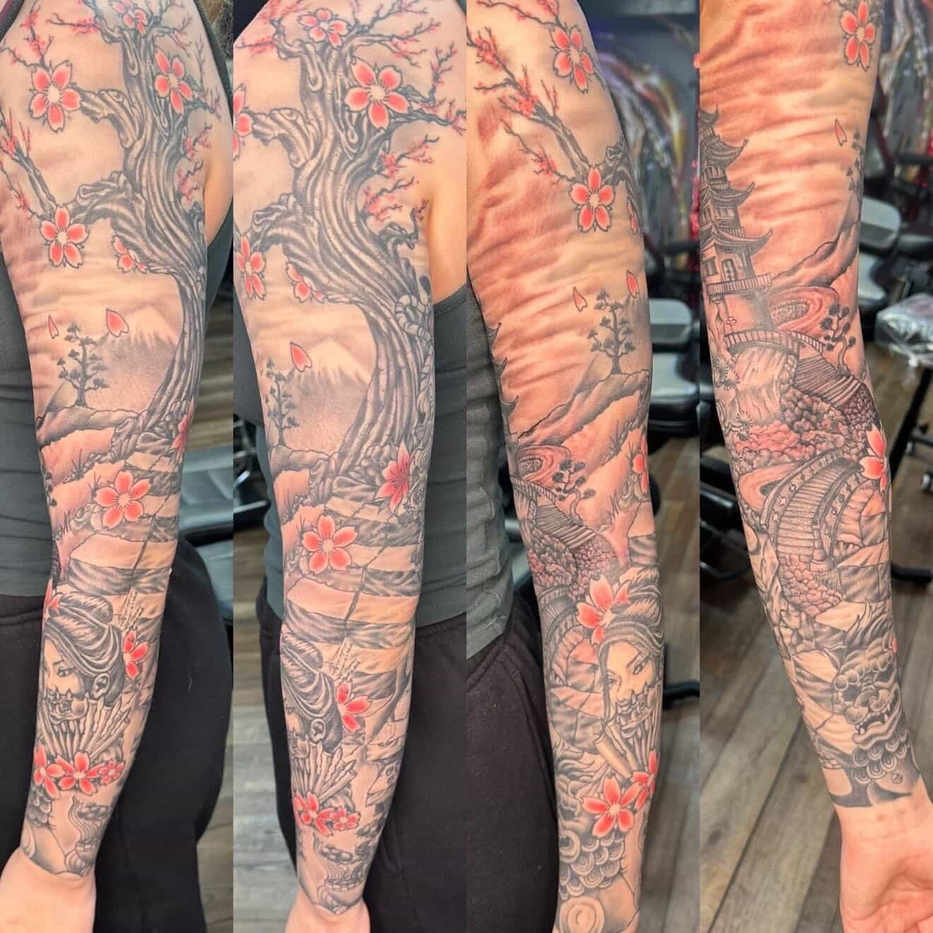 Cherry blossom tree japanese irezumi tattoo on the upper arm by Isaac Ortiz-Riendeau