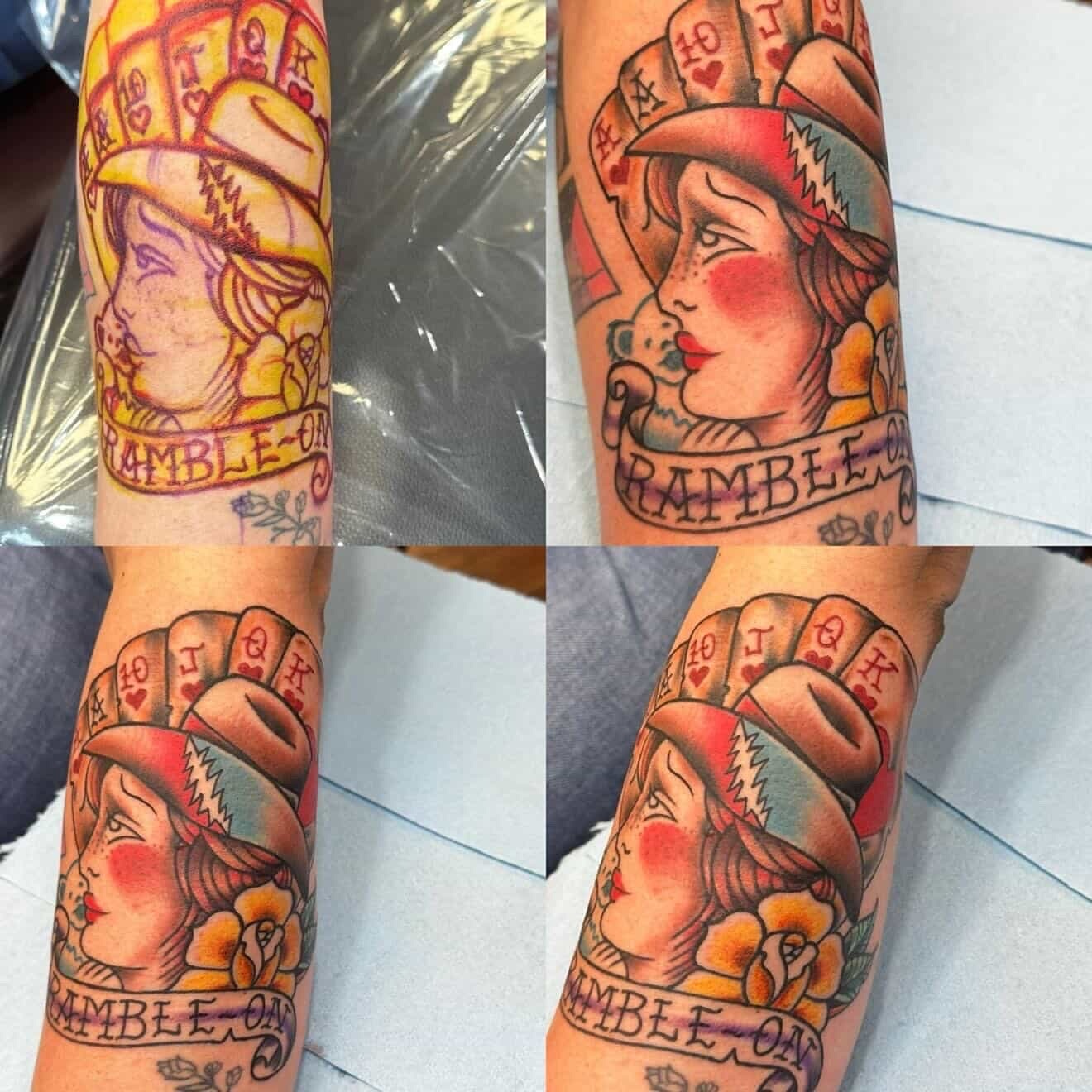 Woman with cowboy hat American traditional tattoo on the forearm by Isaac Ortiz-Riendeau