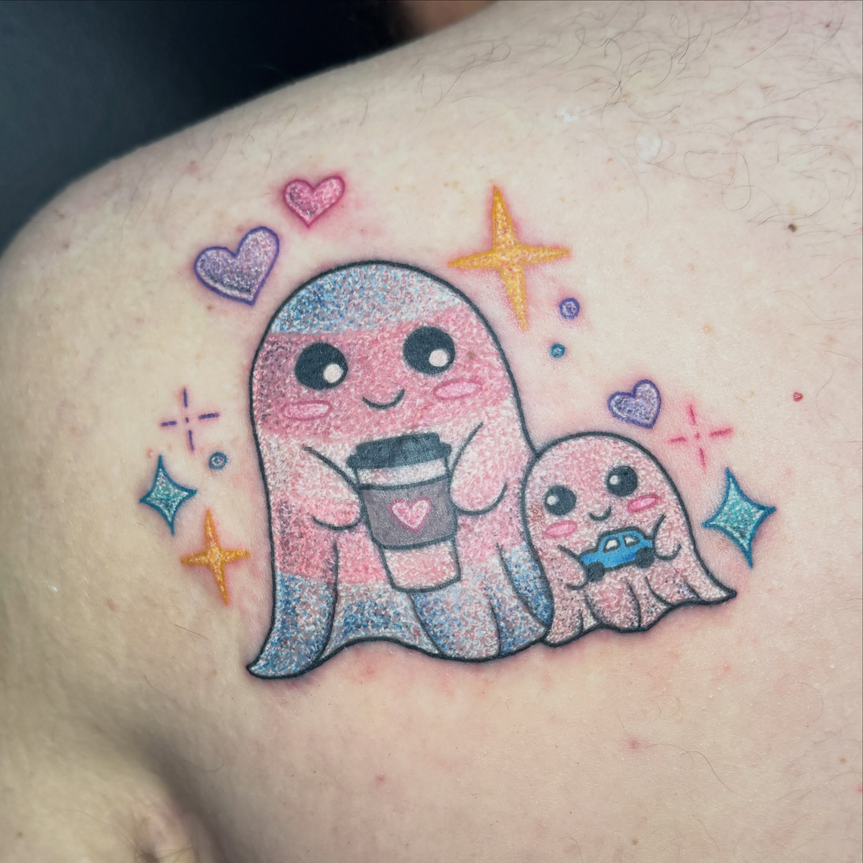 Ghosts dotwork tattoo on the shoulder by Ashley Rose - Minnesota Tattoo Artist
