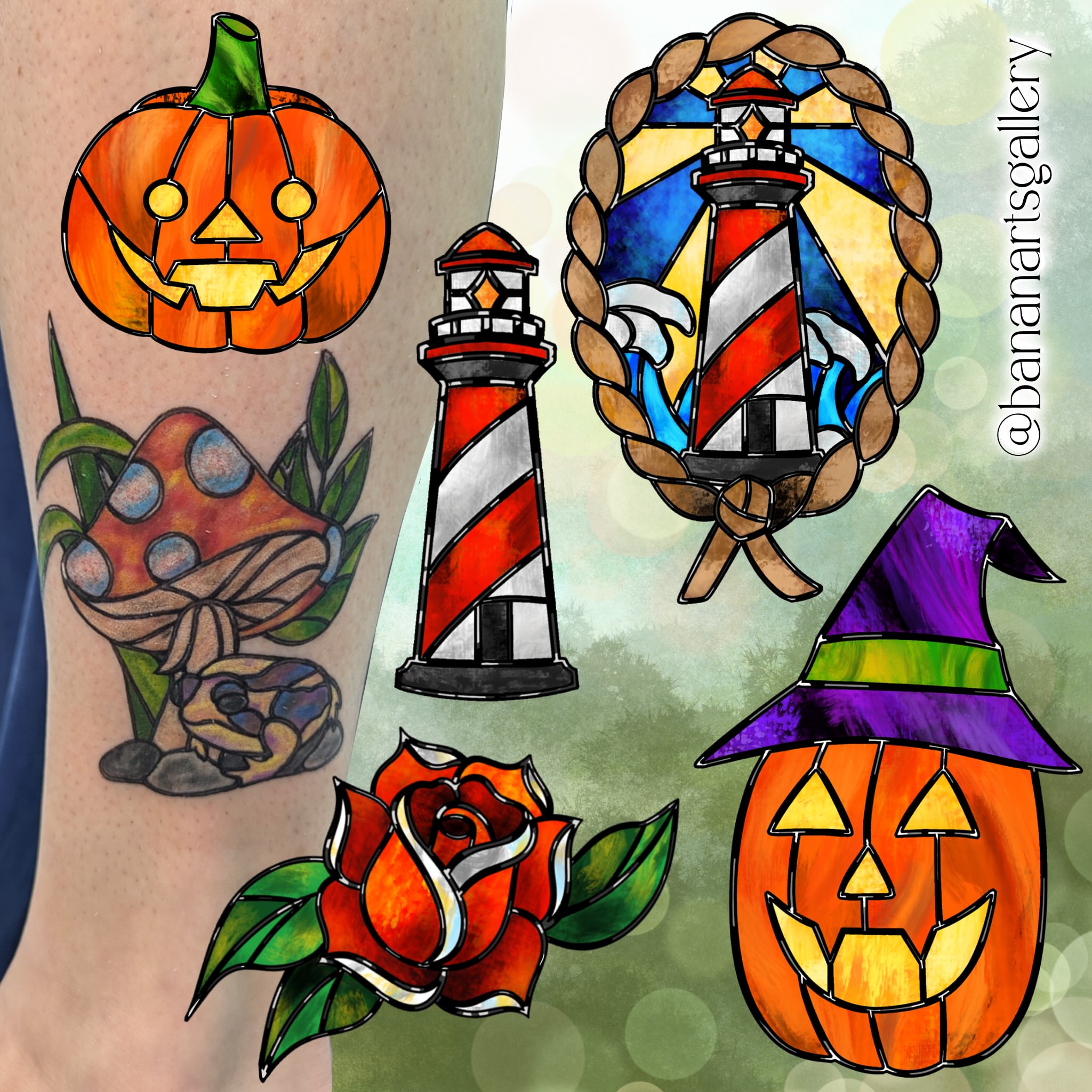 Halloween-themed motifs American traditional tattoo on the forearm by Hannah Hayes, Livonia, Michigan