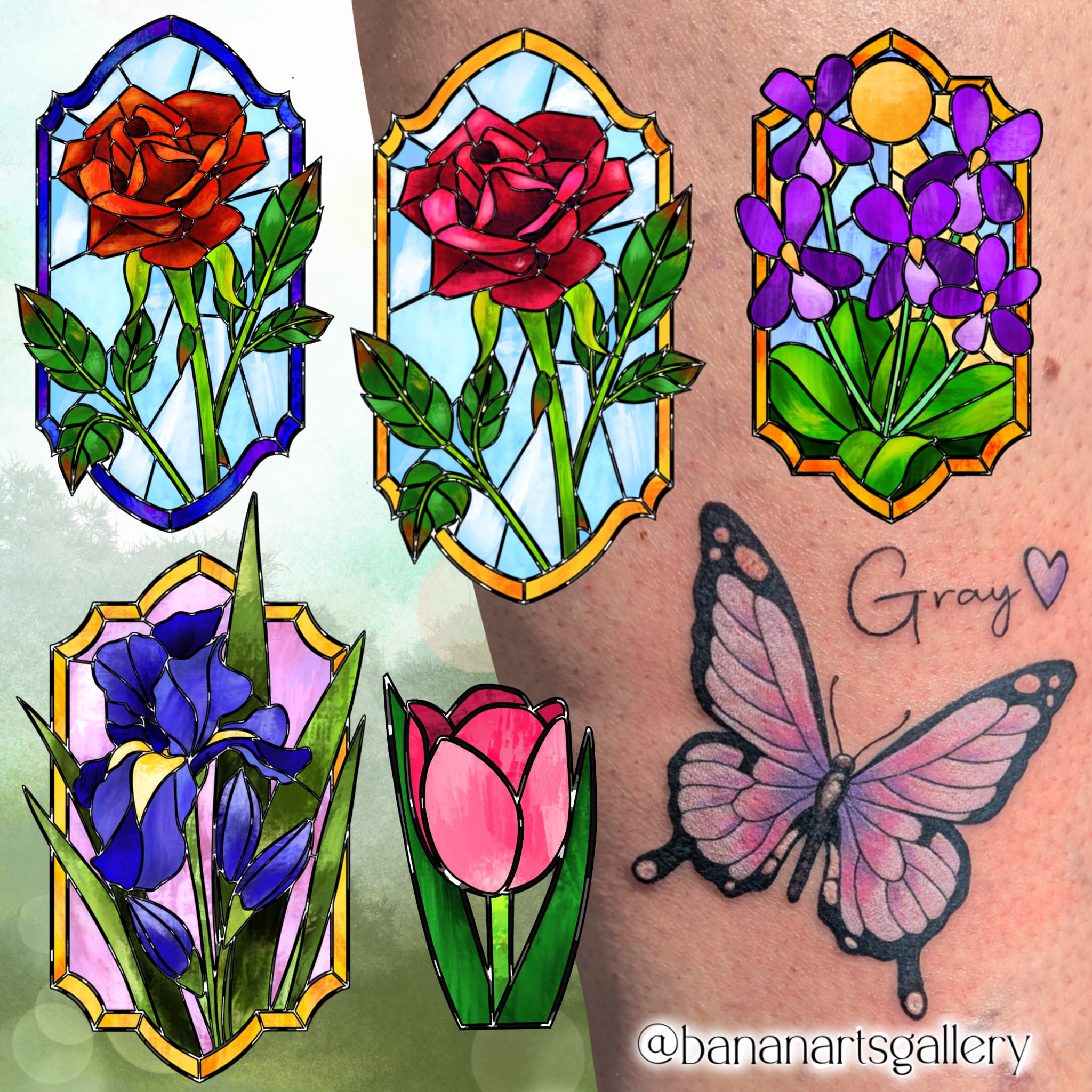 Stained glass flowers illustrative tattoo on the forearm by Hannah Hayes, Livonia, Michigan