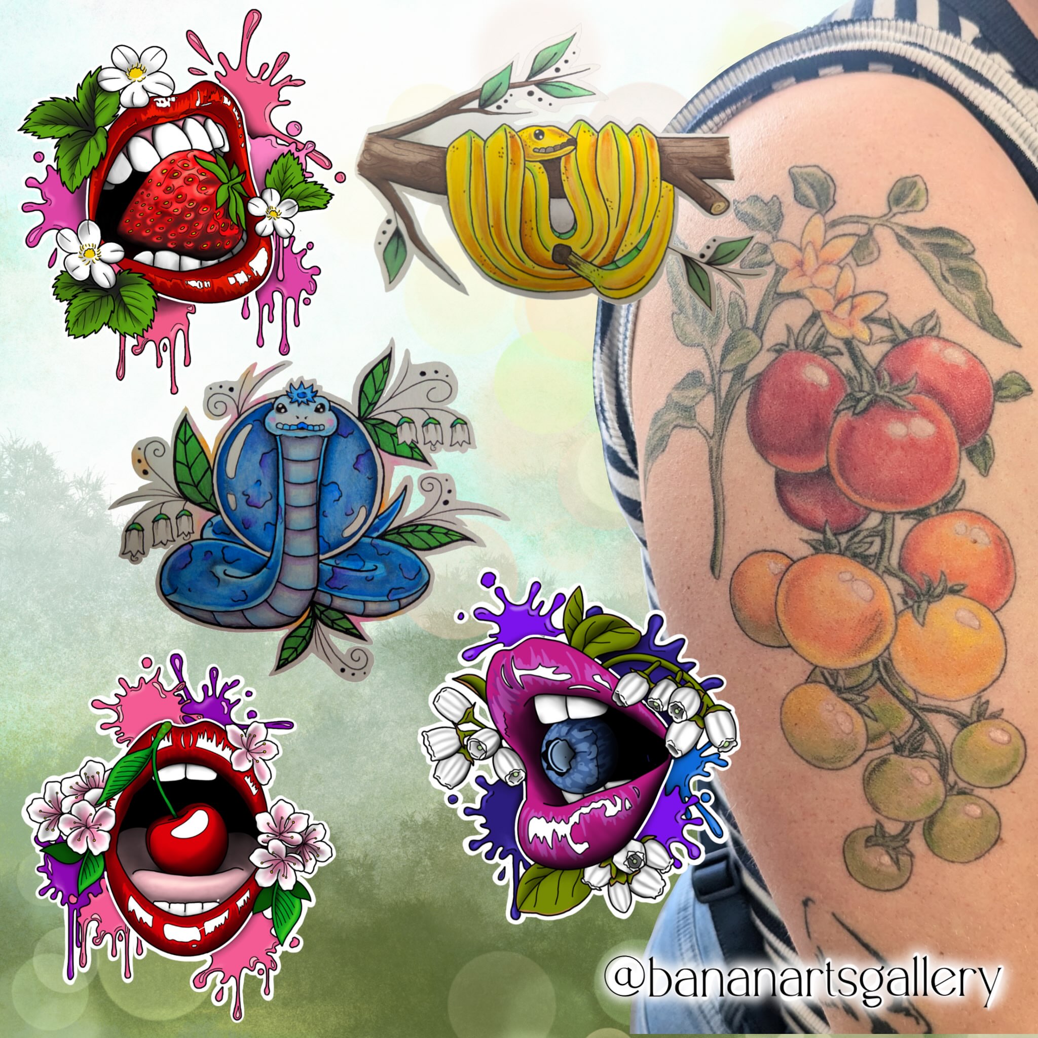 Tomatoes and vine realism tattoo on the upper arm by Hannah Hayes, Livonia, Michigan