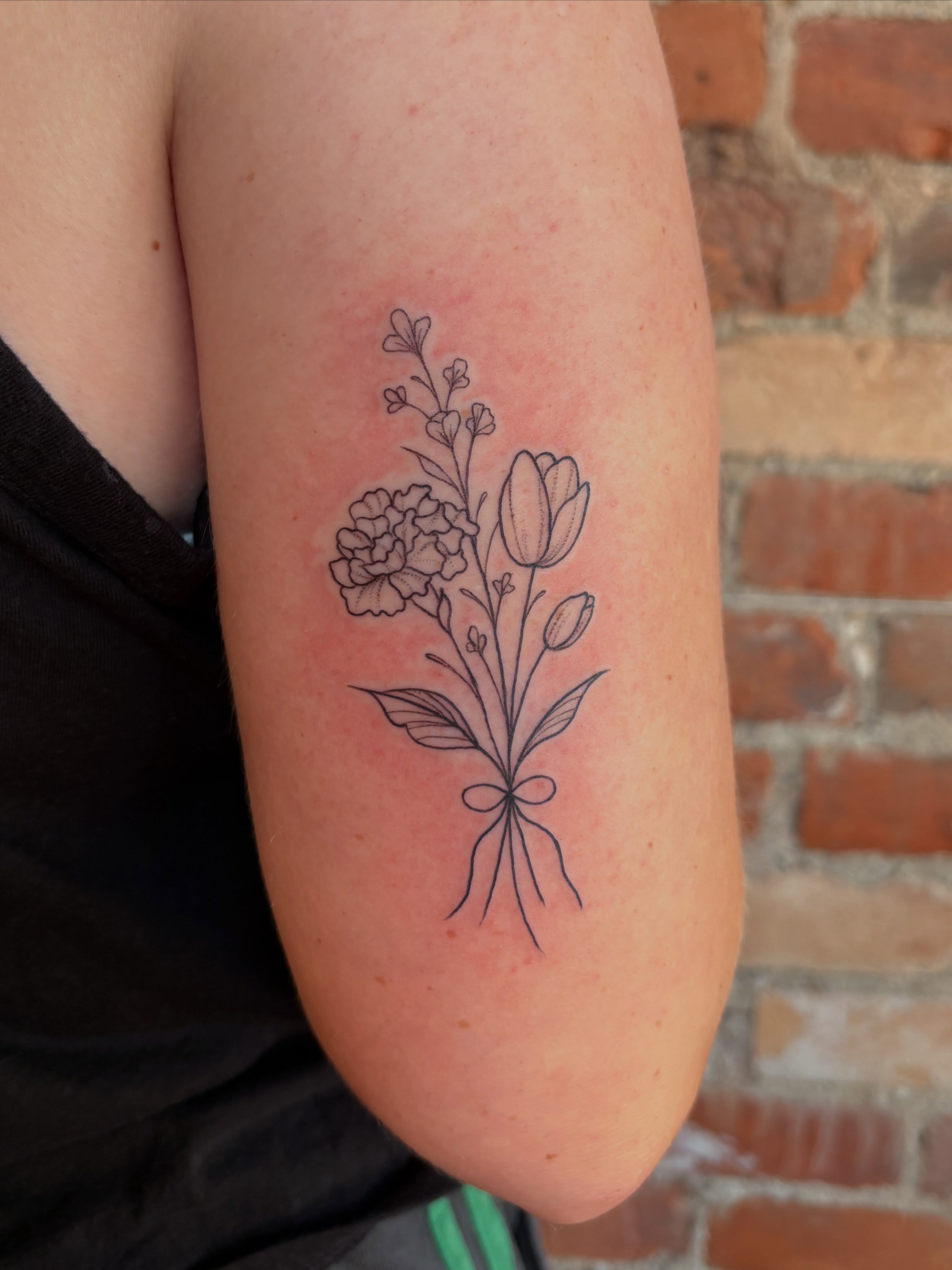 Flower bouquet fine line tattoo on the forearm by Jen Osborne ♡ Cincinnati Tattoo Artist