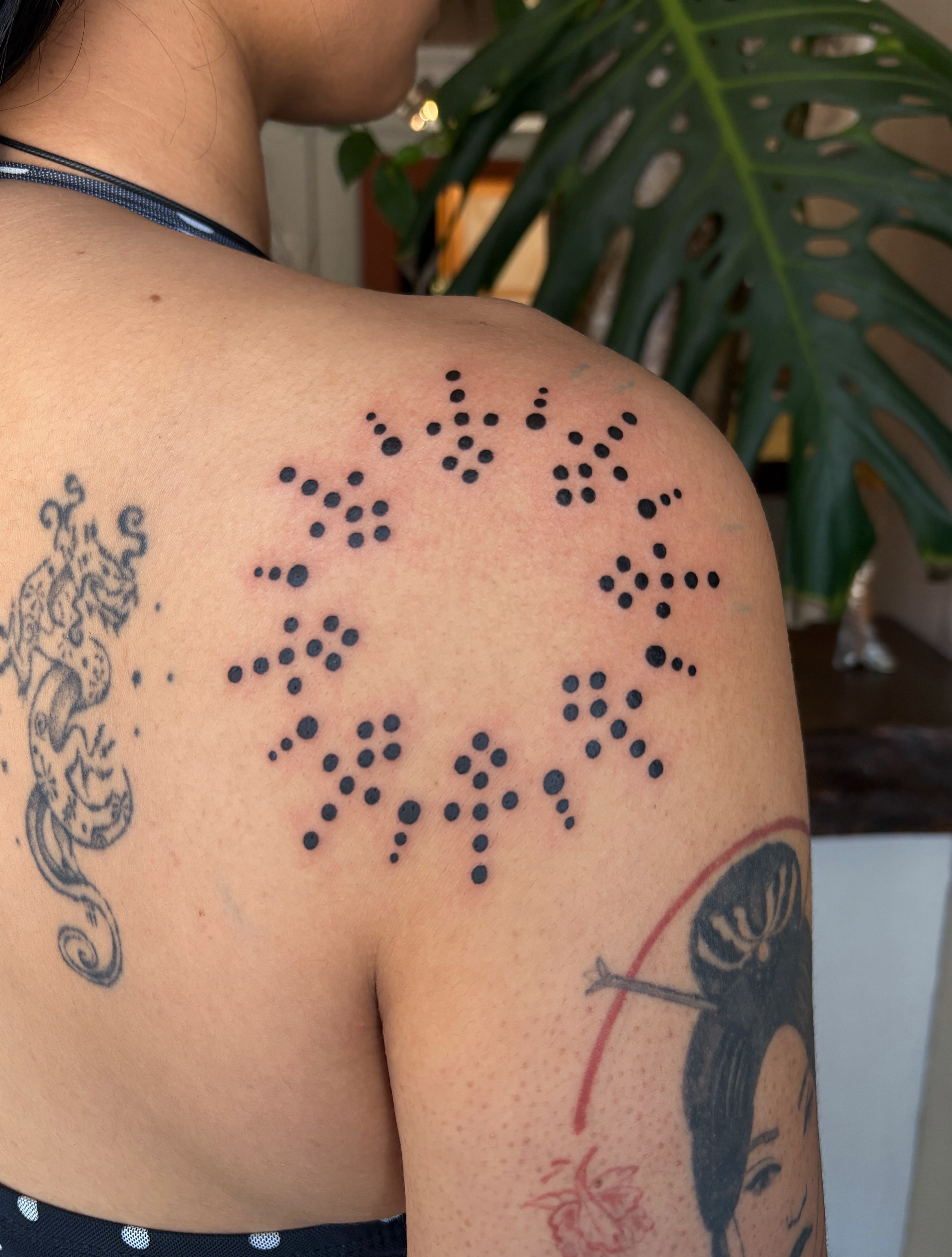 Dotwork pattern dotwork tattoo on the shoulder by Abigail, San Francisco, California
